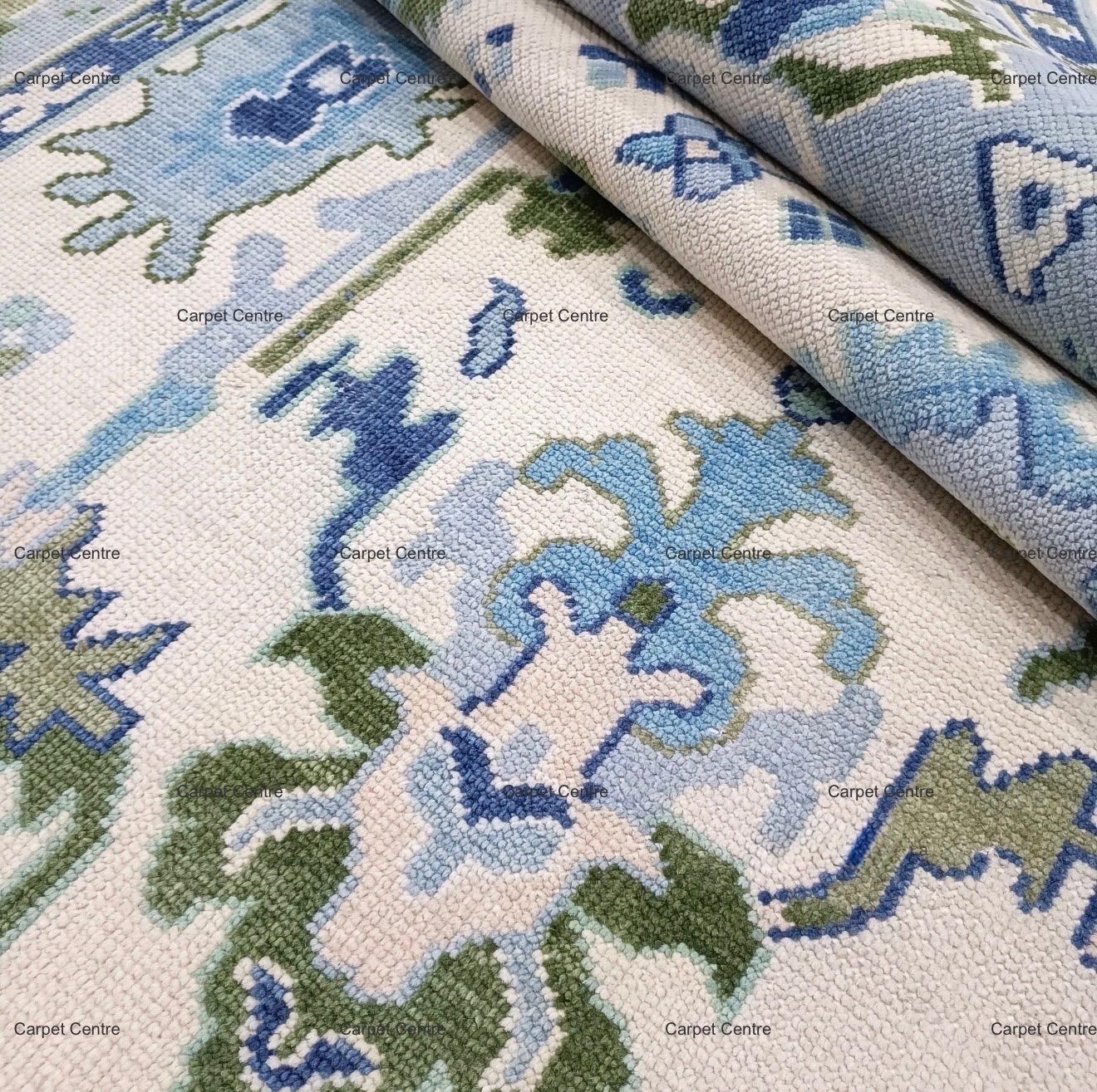 Hand-Knotted Wool Area Rug: Ivory & Blue Oushak Medallion Design