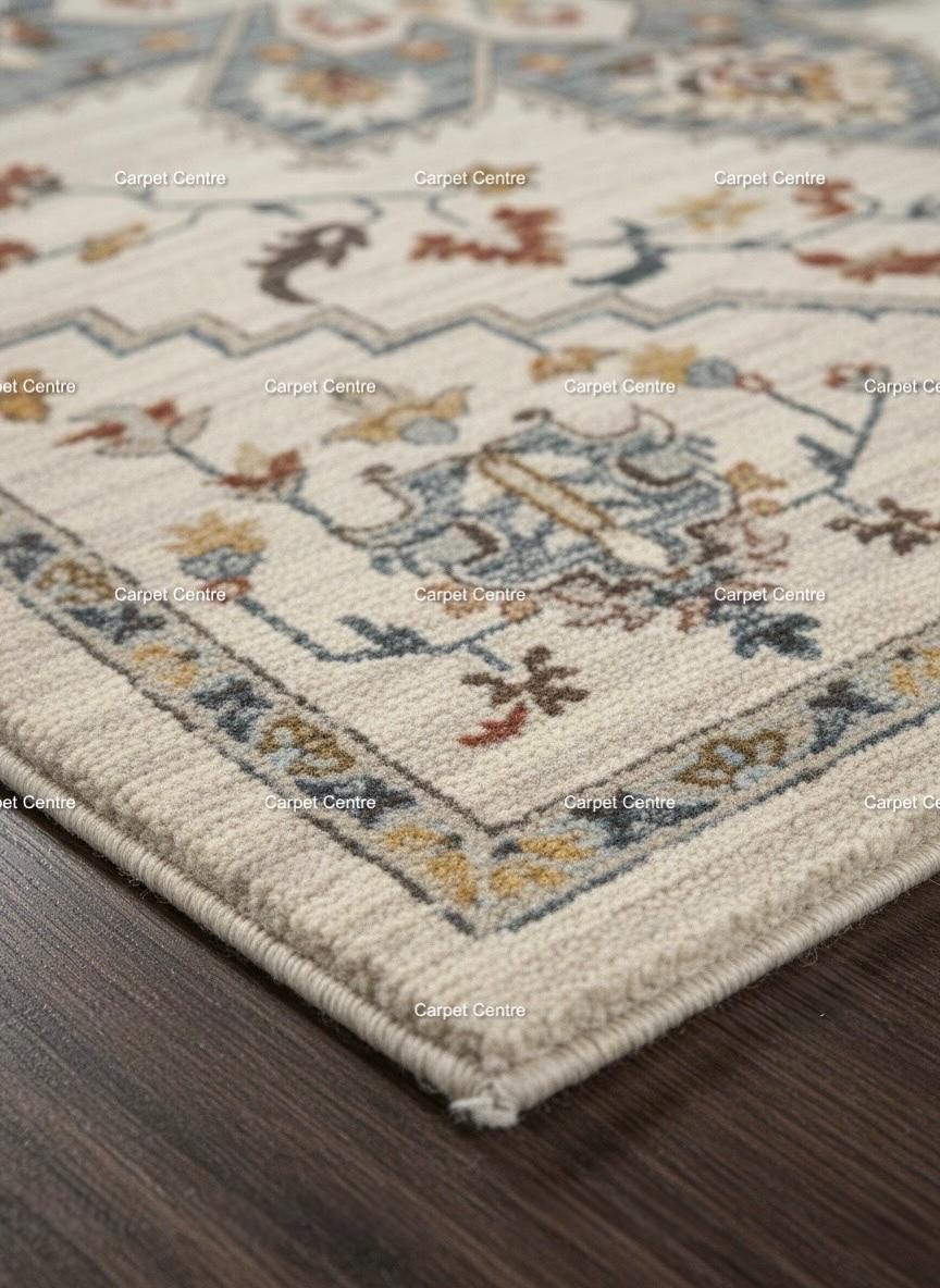 Hand-Knotted Wool Oushak Rug, Beige & Blue Medallion, Persian Style