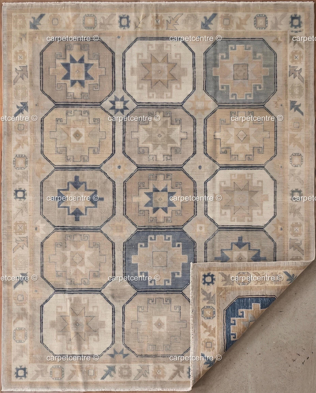 Geometric Oushak Rug | Muted Beige, Tan, Slate Blue Turkish Area Rug | Farmhouse Boho Style