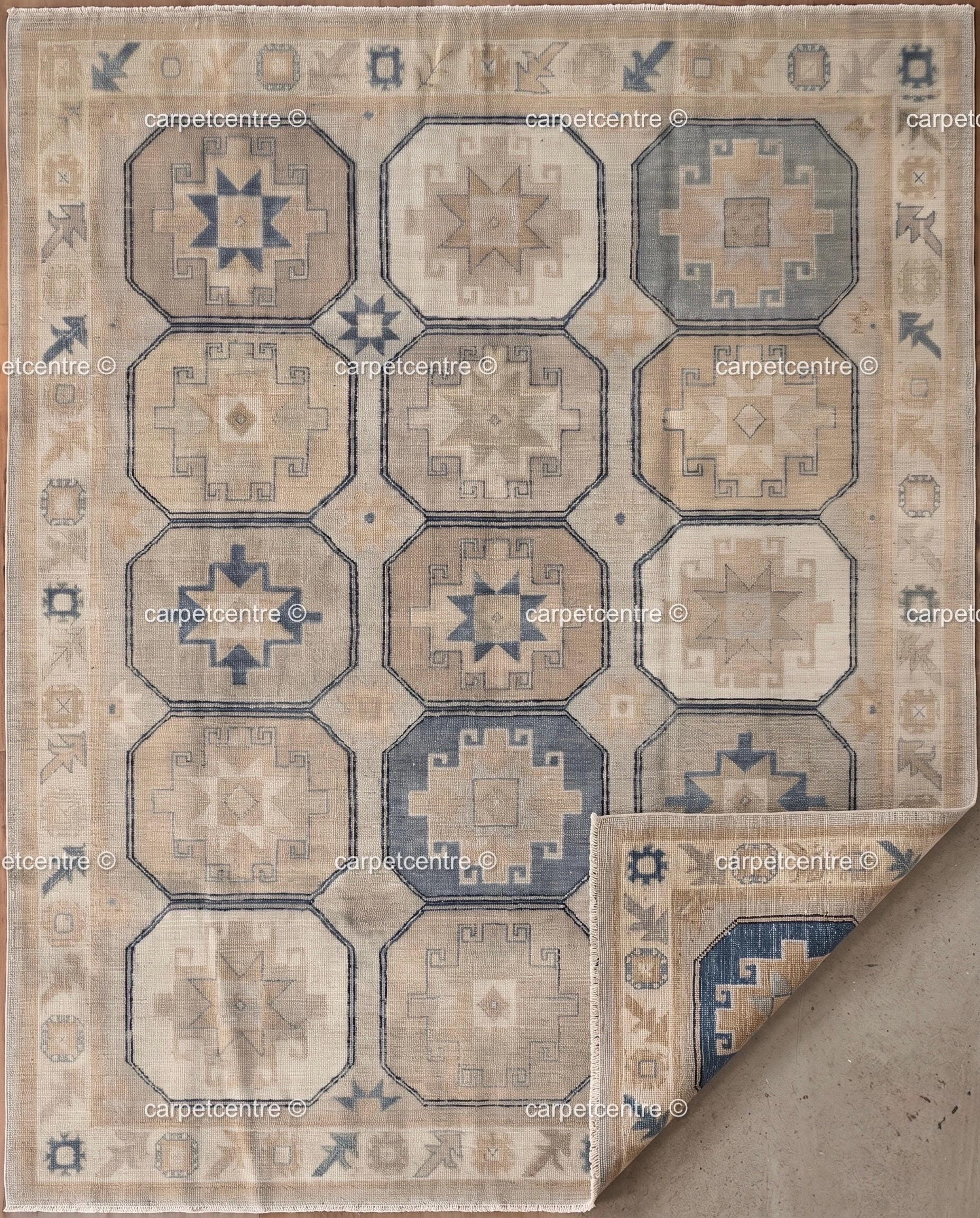 Geometric Oushak Rug | Muted Beige, Tan, Slate Blue Turkish Area Rug | Farmhouse Boho Style