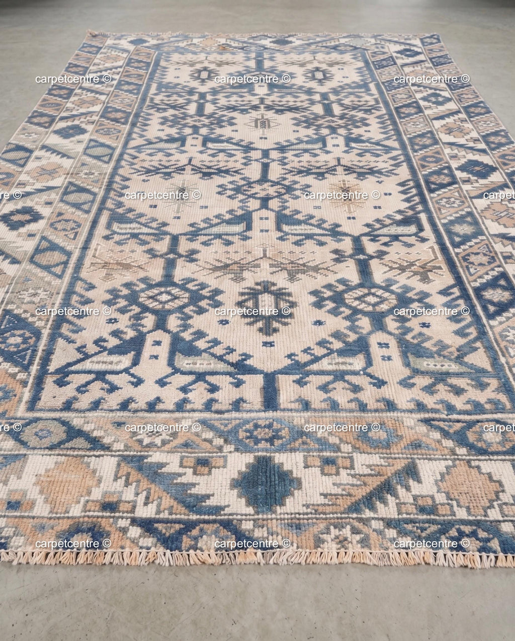Vintage Oushak Rug | Geometric Anatolian Wool Carpet, Blue Cream Boho Tribal Area Rug