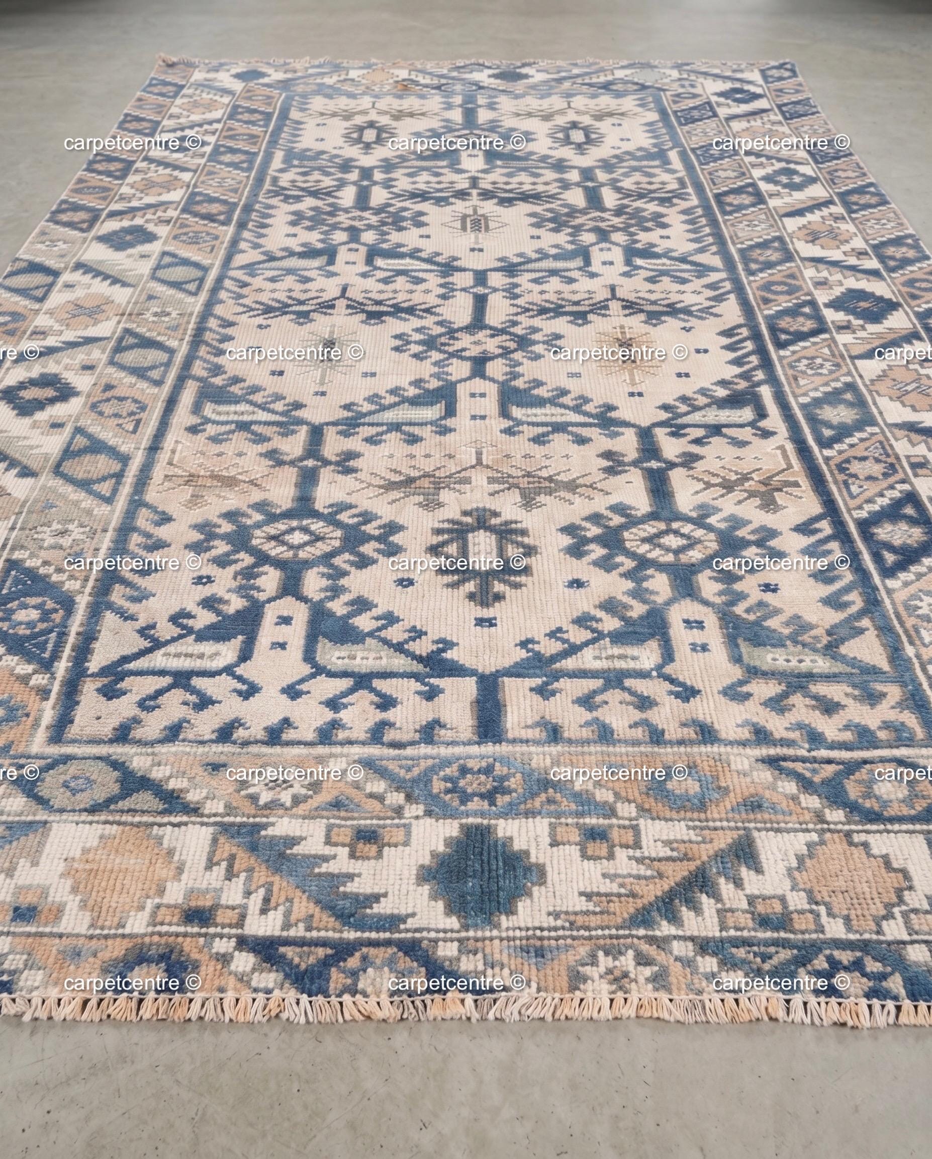 Vintage Oushak Rug | Geometric Anatolian Wool Carpet, Blue Cream Boho Tribal Area Rug