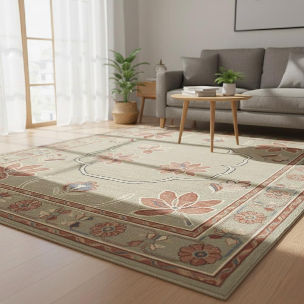 Handwoven Oushak Wool Rug: Sage Green Rust Floral