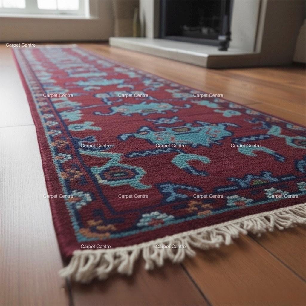 Maroon Oushak Runner Rug, Handwoven Wool Teal Tribal Design