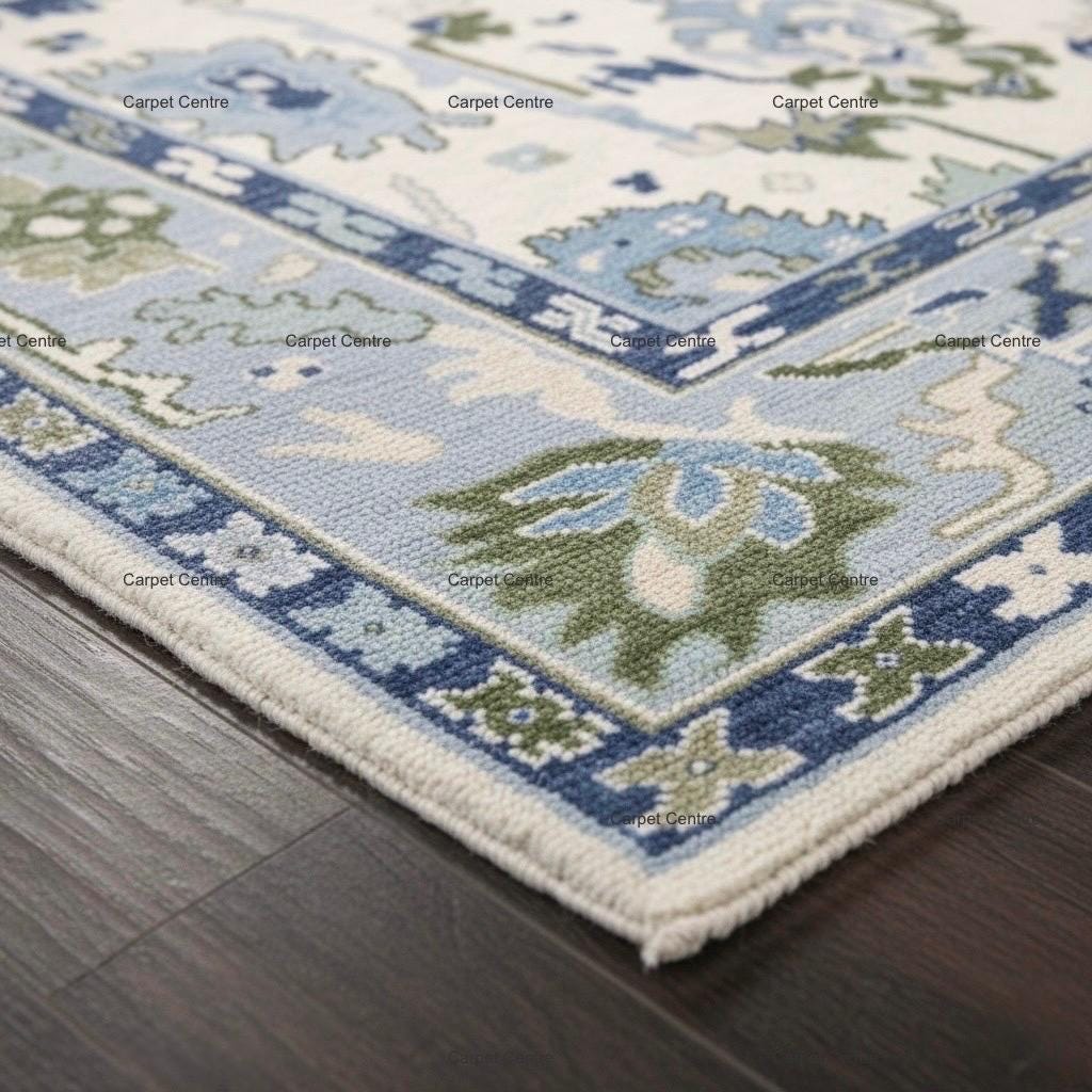 Hand-Knotted Wool Area Rug: Ivory & Blue Oushak Medallion Design