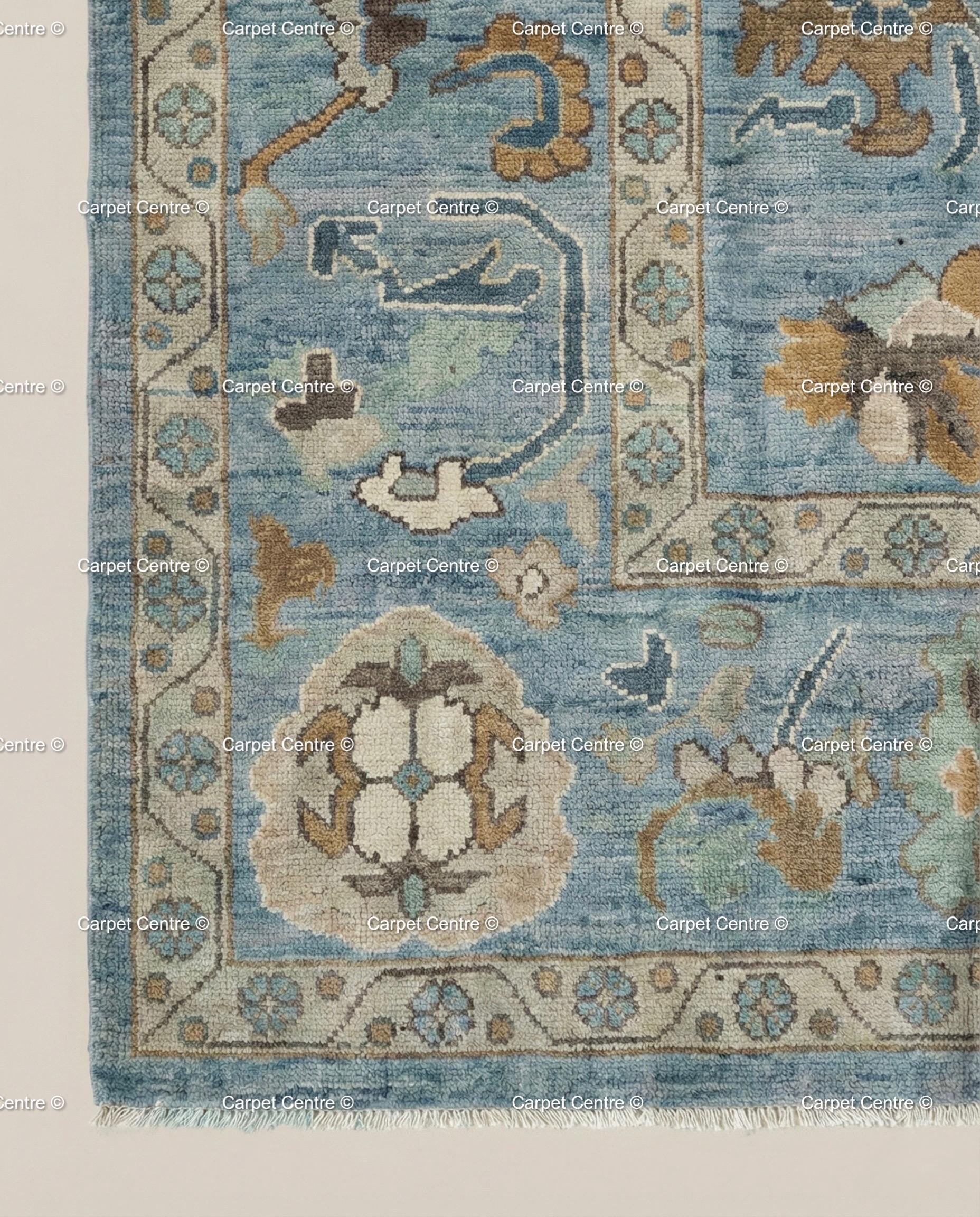 Sky Blue Wool Rug, Hand-Knotted Turkish Oushak, Floral Design