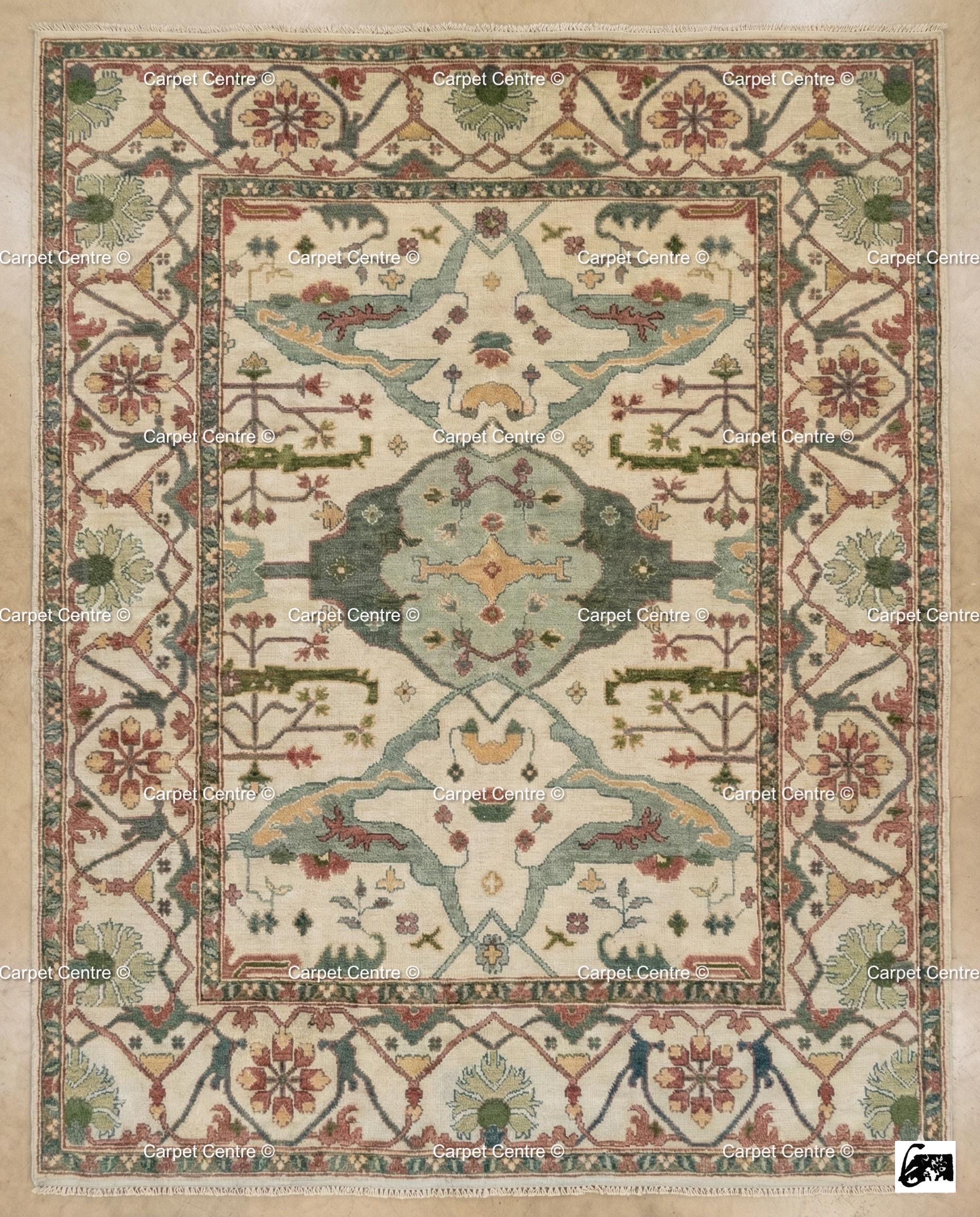Hand Knotted Wool Oushak Rug, Beige Geometric Medallion, Turkish Knot