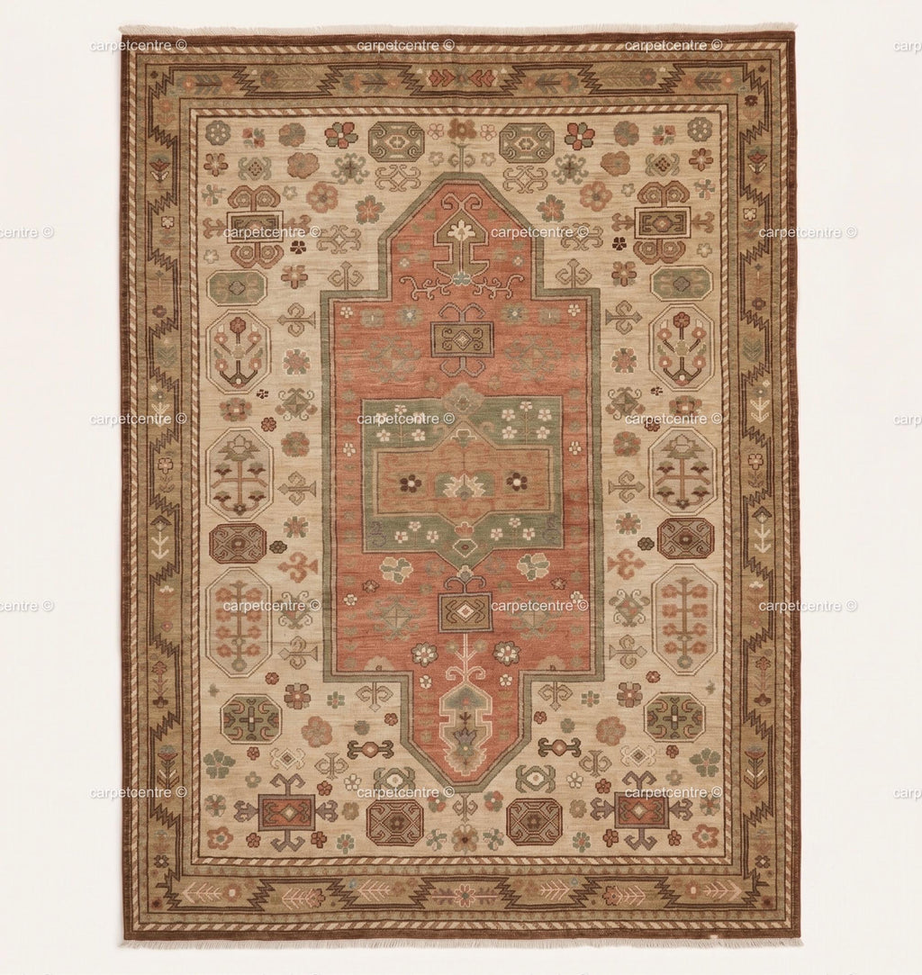 Hand Knotted Oushak Rug: Terracotta Medallion, New Zealand Wool, Custom Size Area Carpet