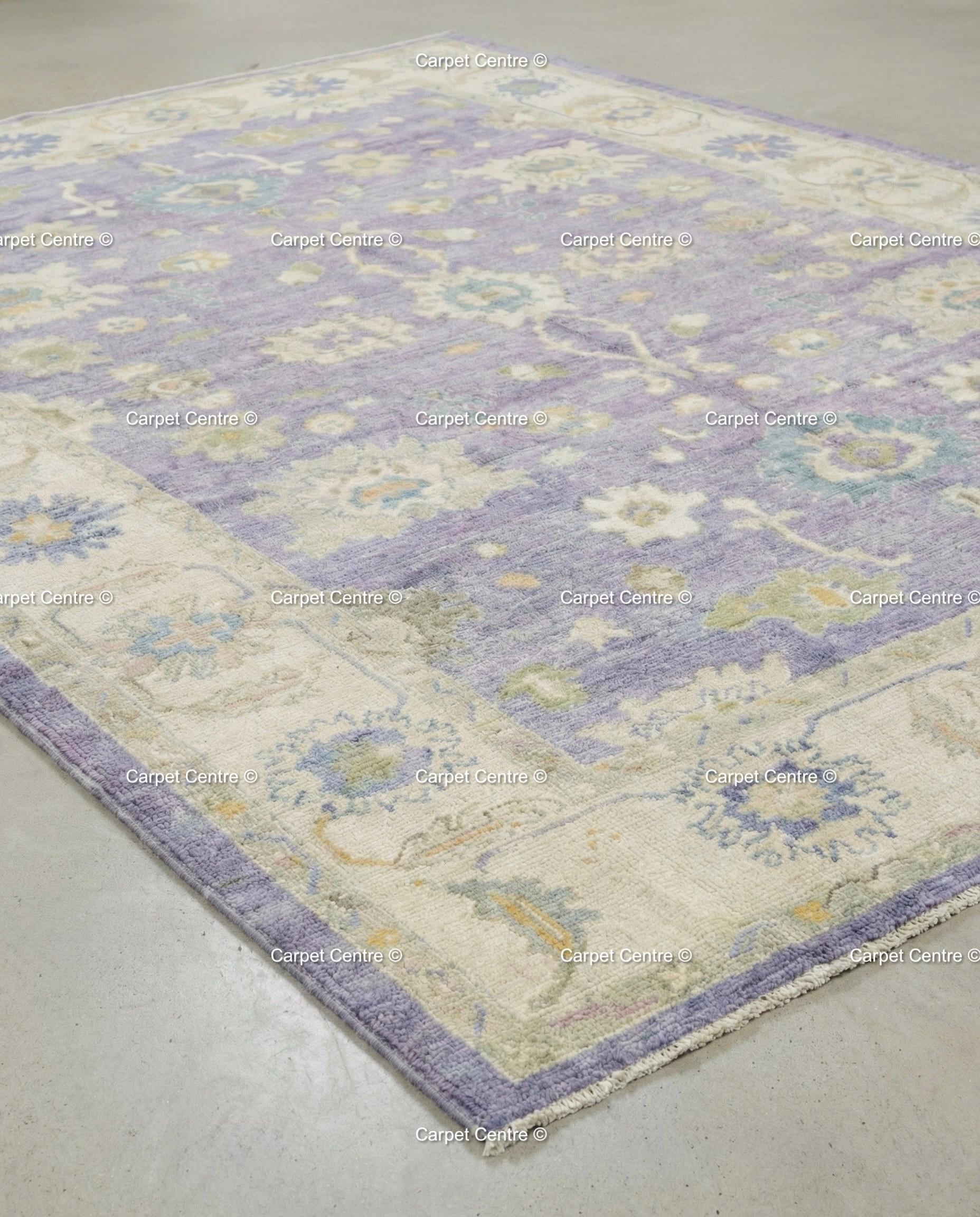 Hand-Knotted Wool Oushak Rug, Lavender Floral, Vintage Style