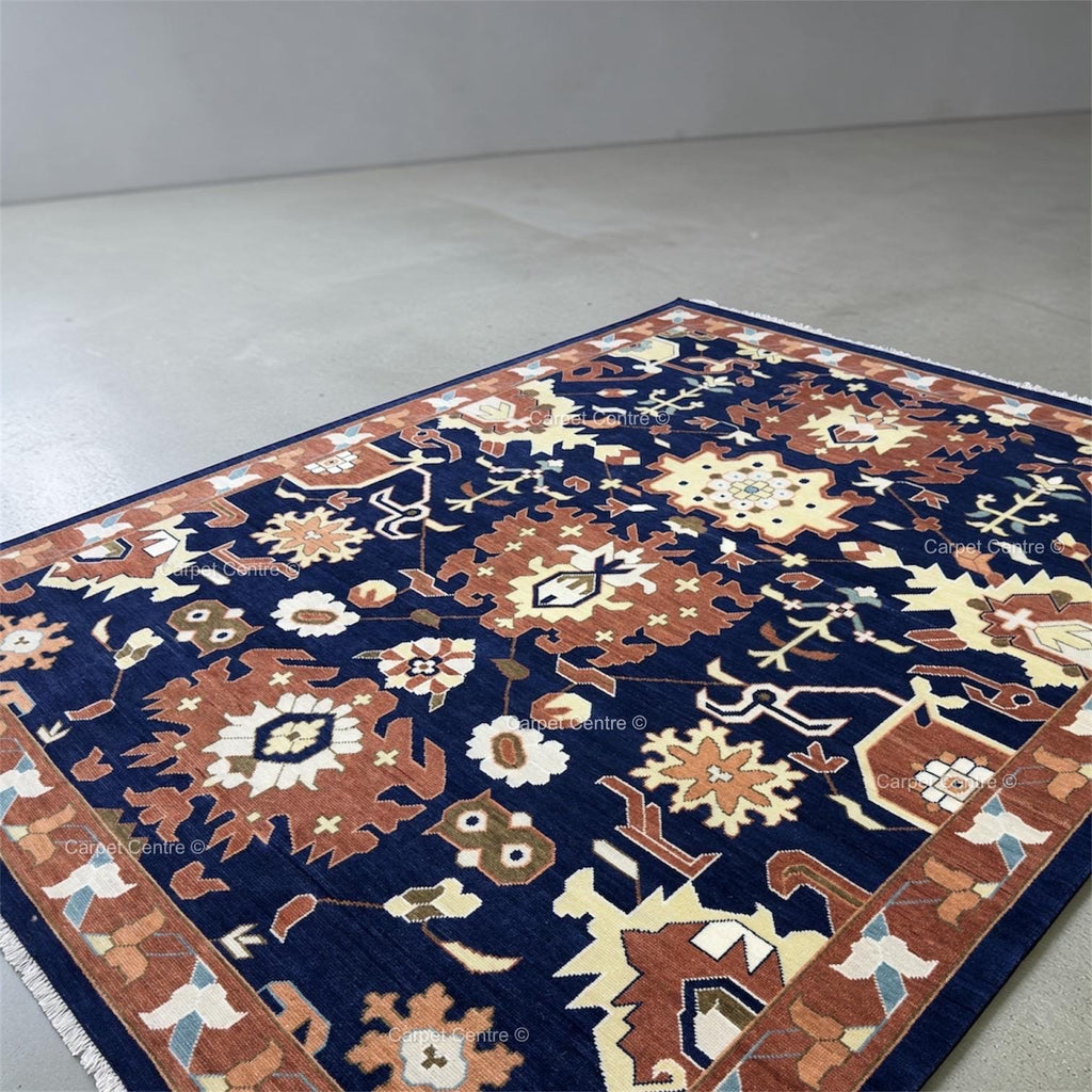 Navy Blue Oushak Rug, Rust Geometric Turkish Tribal Boho Area Rug