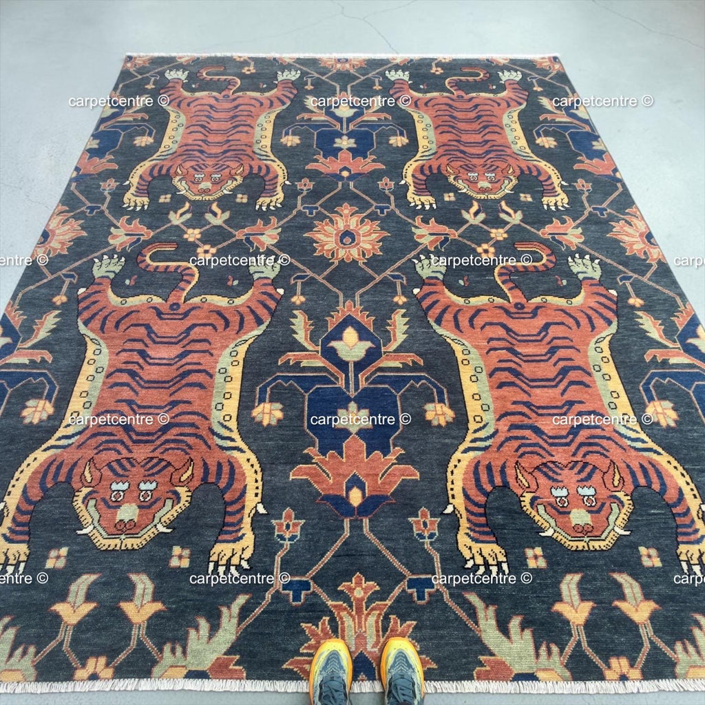 Tibetan Tiger Print Oushak Rug, Hand Knotted Wool 6x8 8x10 9x12 10x14 Area Carpet, Charcoal Rust Maximalist Decor Living Room Bedroom Decor