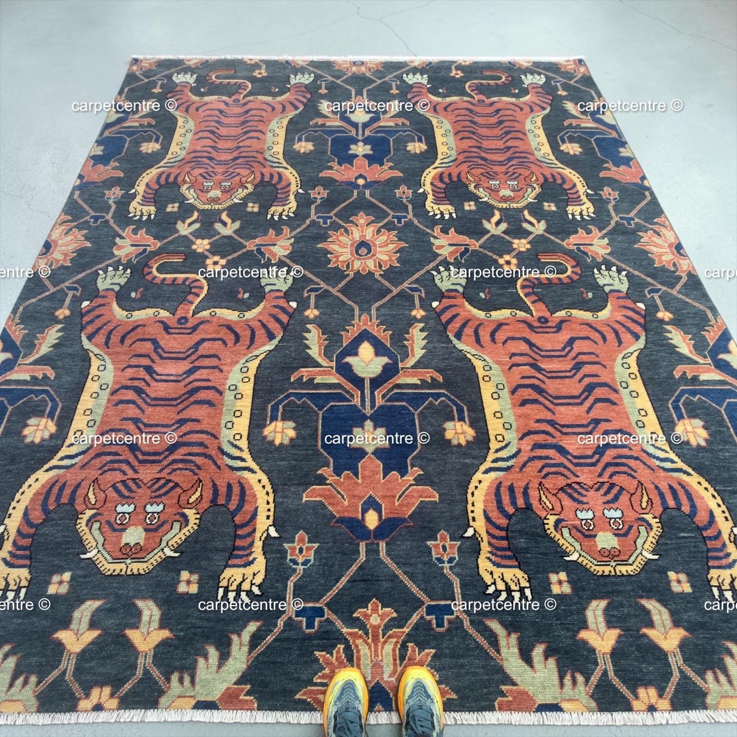 Tibetan Tiger Print Oushak Rug, Hand Knotted Wool 6x8 8x10 9x12 10x14 Area Carpet, Charcoal Rust Maximalist Decor Living Room Bedroom Decor