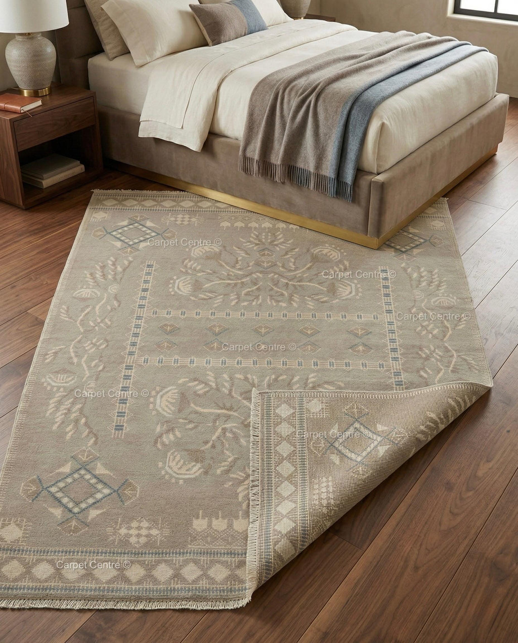 Hand Knotted Oushak Rug, Muted Taupe Geometric Wool Carpet, Boho Living Room Decor