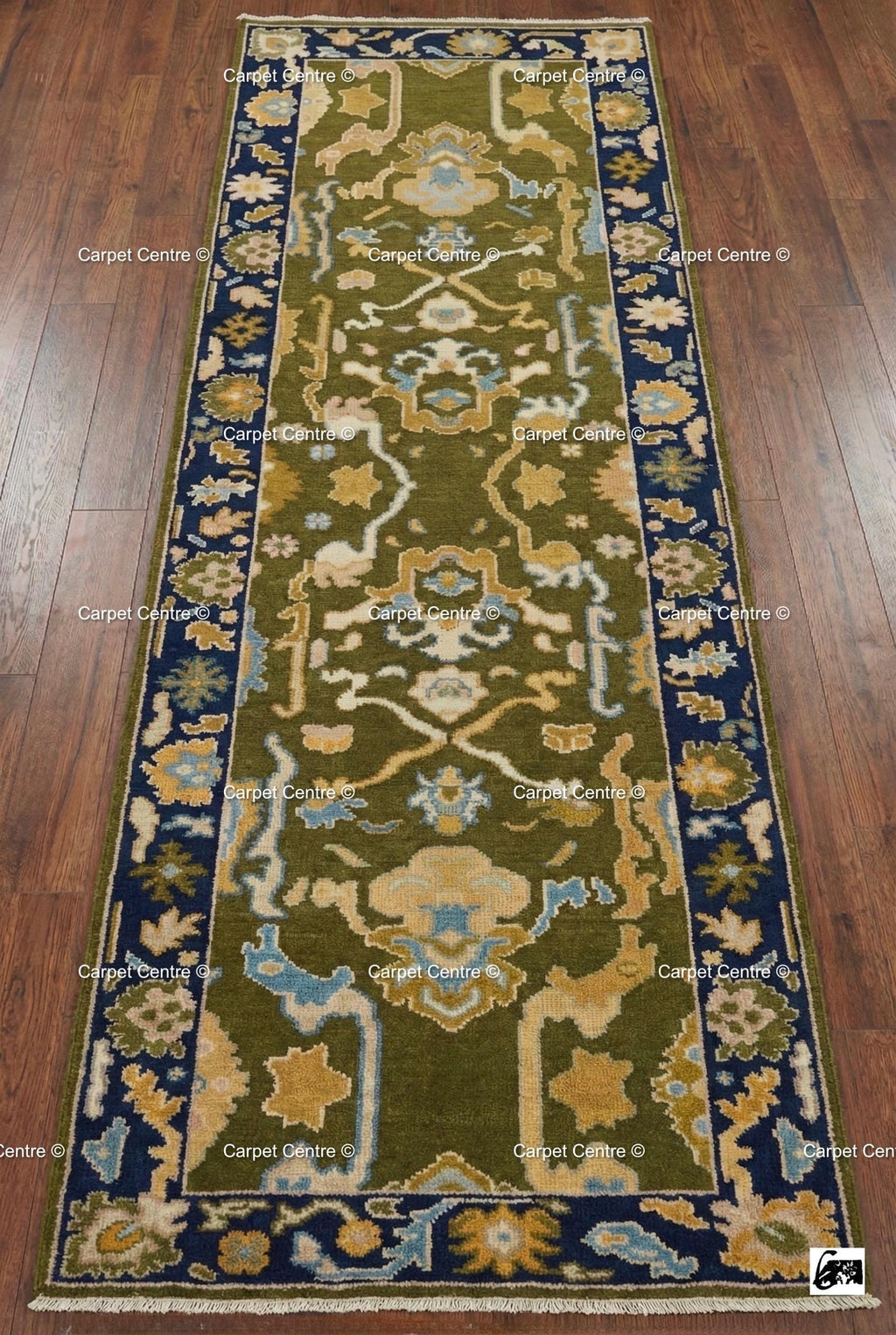 Hand Knotted Oushak Runner, Olive Green, Navy Border, Turkish Wool