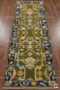 Hand Knotted Oushak Runner, Olive Green, Navy Border, Turkish Wool