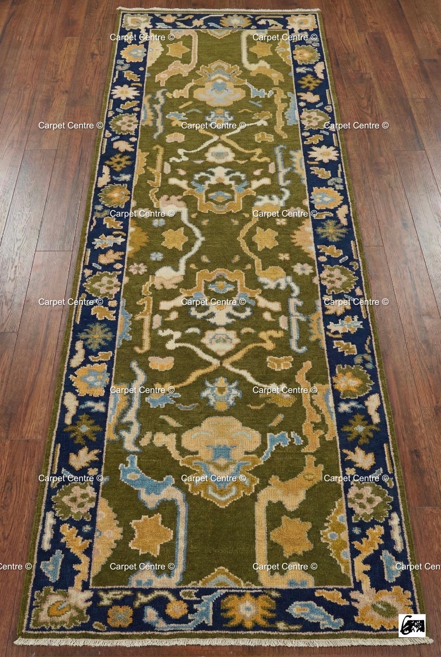Hand Knotted Oushak Runner, Olive Green, Navy Border, Turkish Wool
