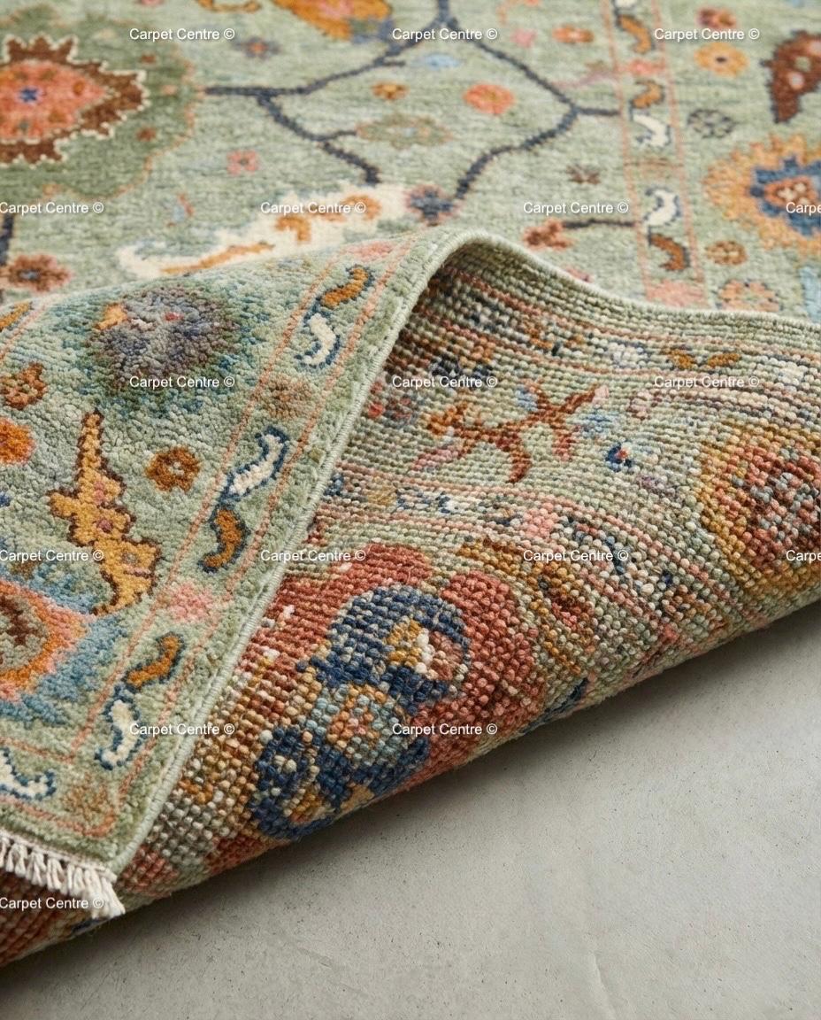 Sage Green Oushak Rug, Hand Knotted Wool, Arts & Crafts Floral
