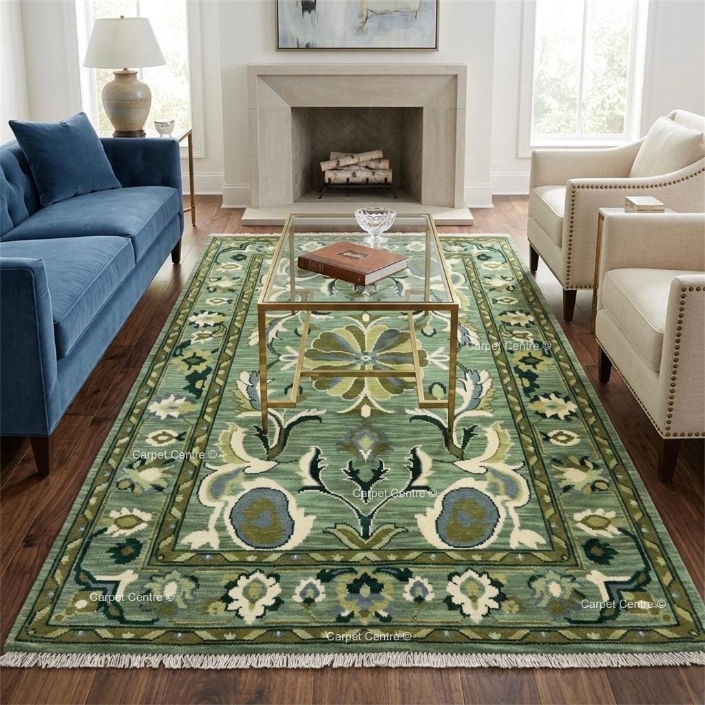 Hand-Knotted Oushak Rug, Emerald Sage Green Floral Medallion, Handspun Wool Area Rug