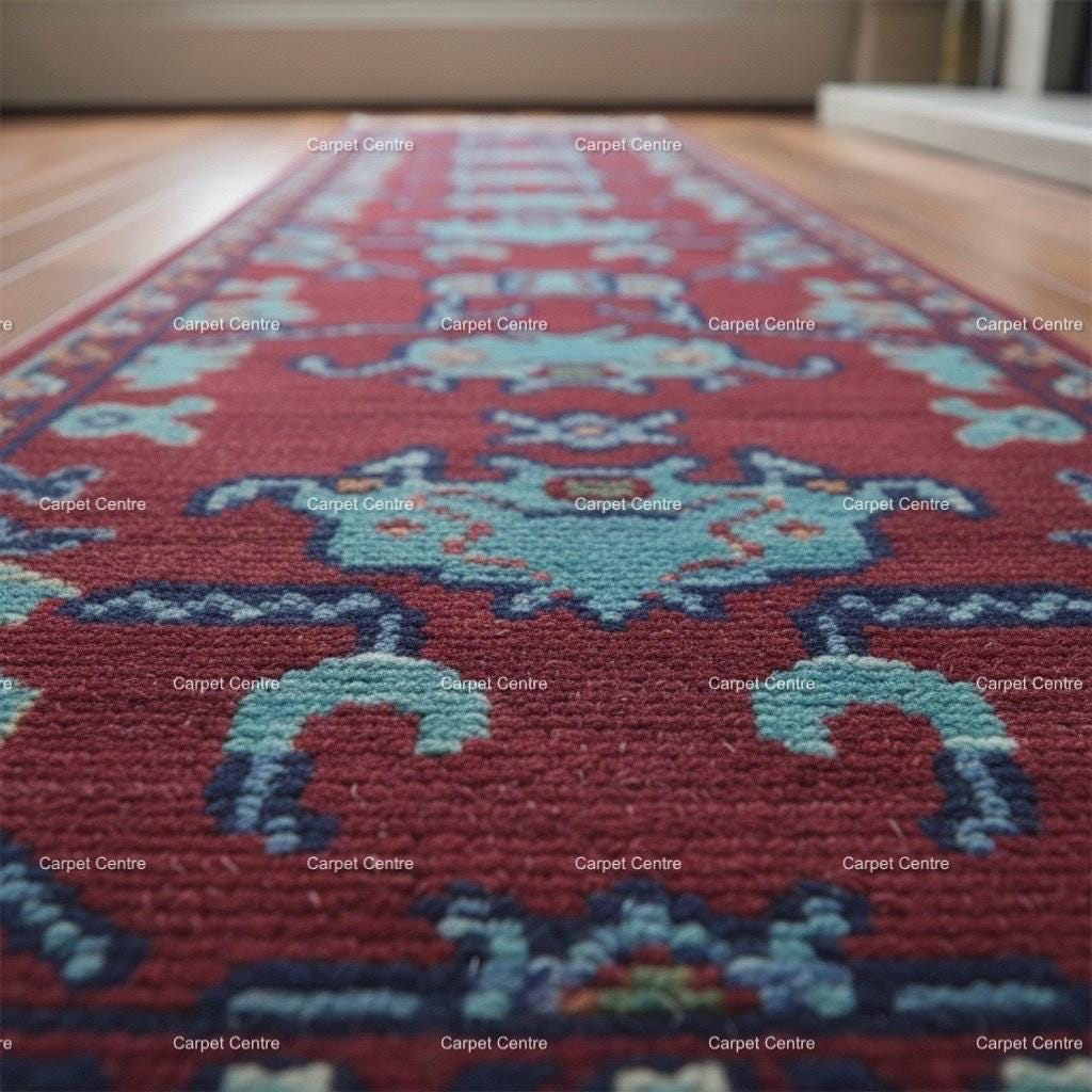 Maroon Oushak Runner Rug, Handwoven Wool Teal Tribal Design