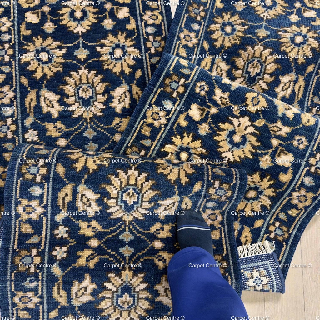 Hand-Knotted Wool Runner Rug | Navy Blue Oushak Floral Hallway Carpet