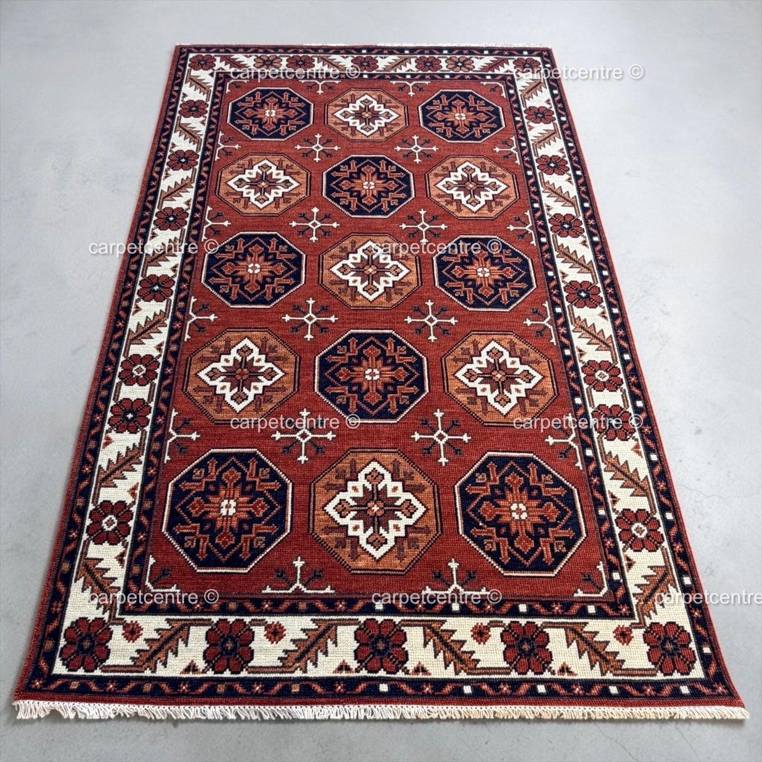 Terracotta Hand Knotted Wool Oushak Rug, Tribal Geometric Area Rug, Turkish Knot Decor