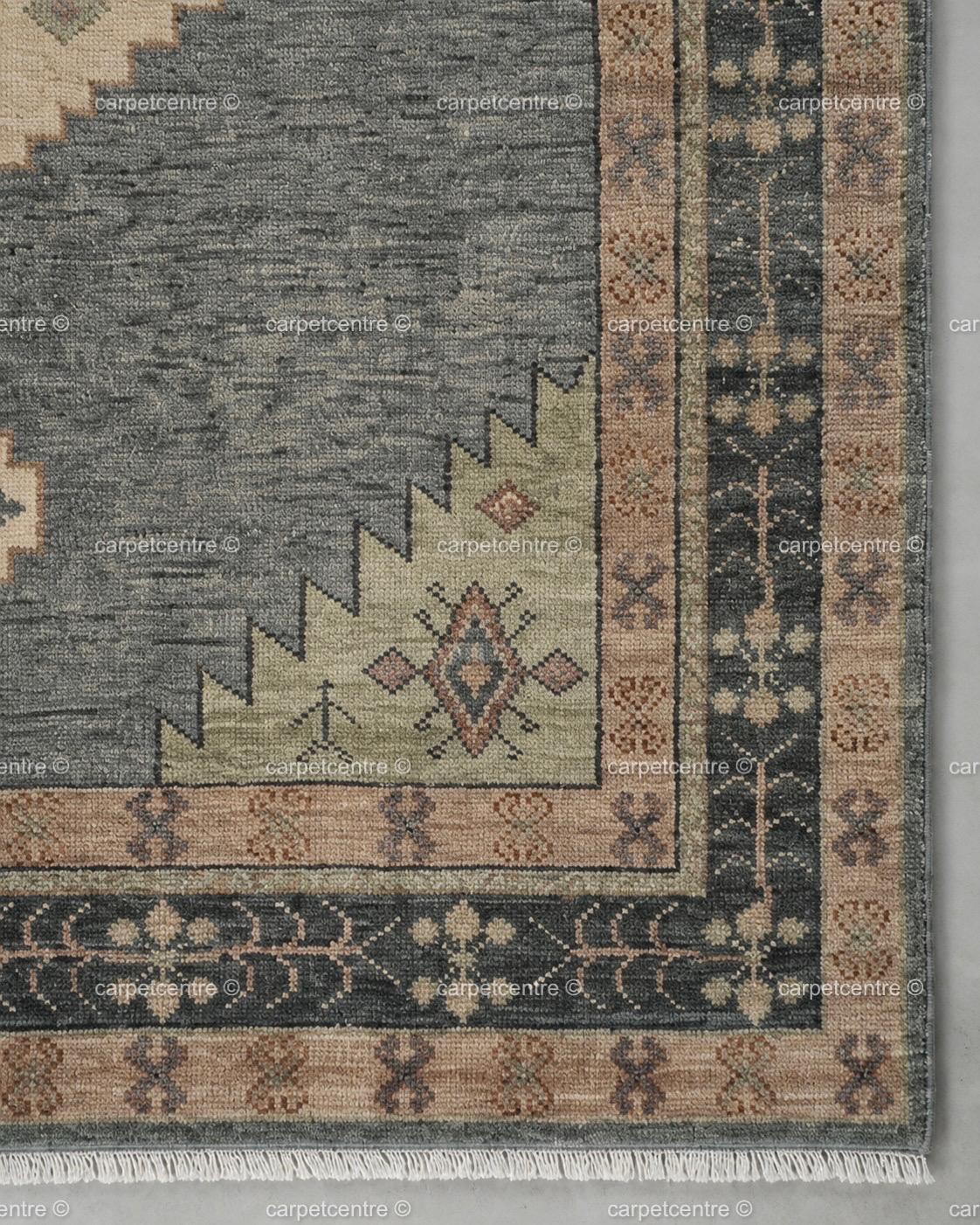 Hand Knotted Oushak Rug: Slate Blue Geometric Wool Area Rug (8x10, 9x12)