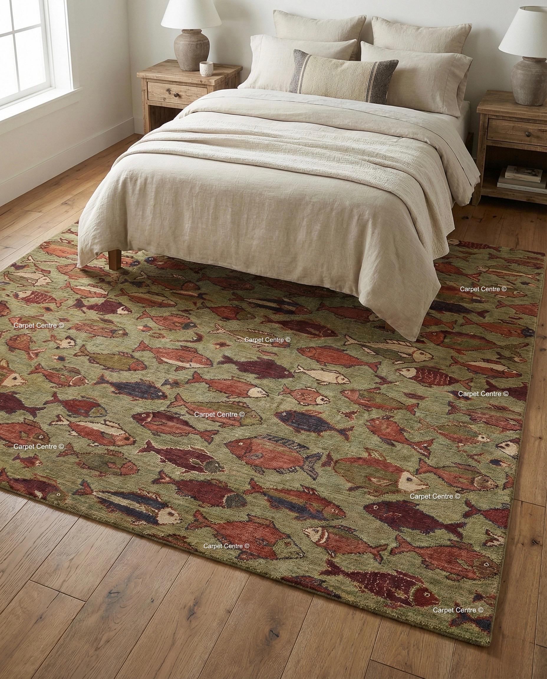 Hand Knotted Wool Fish Rug, Turkish Oushak Style, Lake House Decor