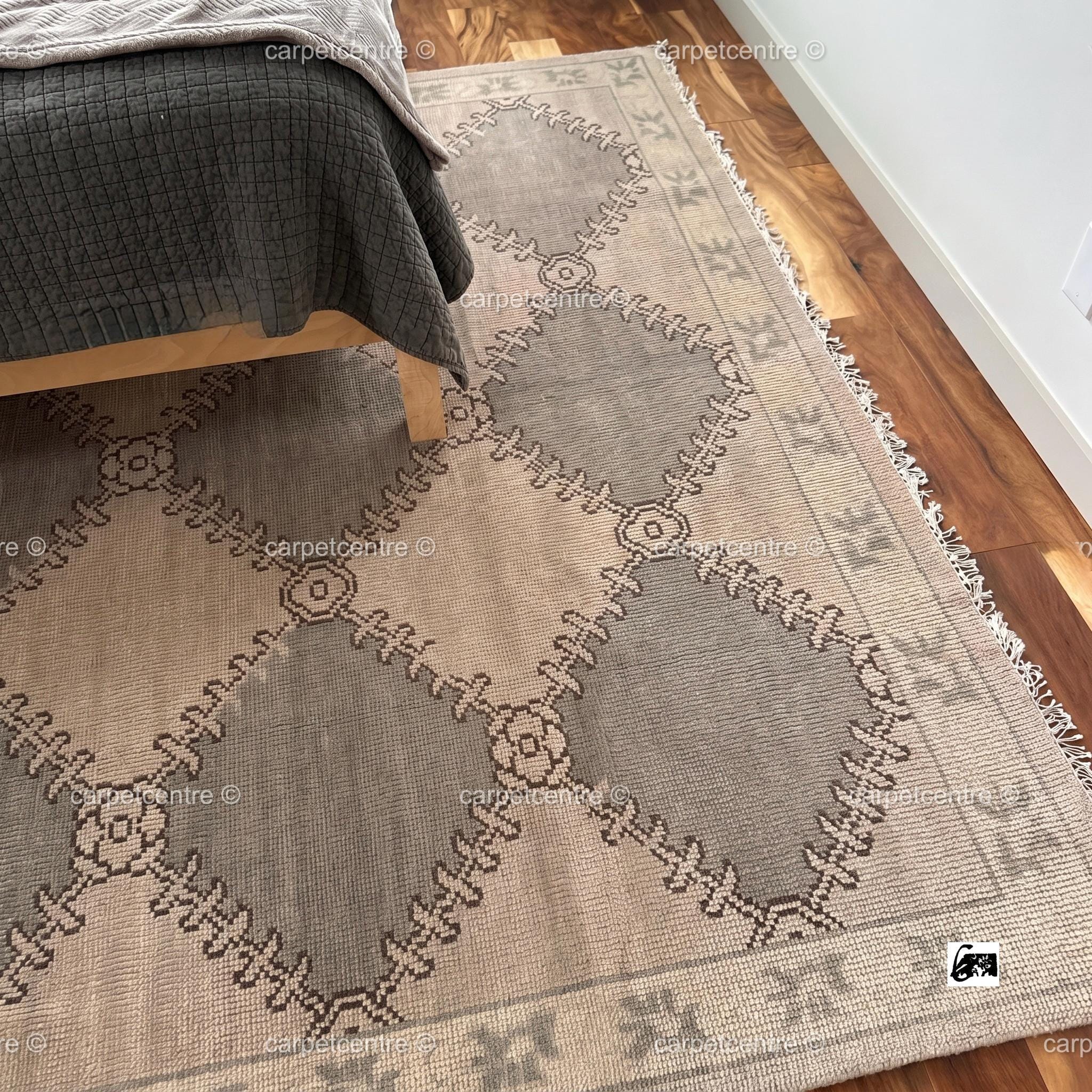 Hand Knotted Oushak Rug, Olive Green Geometric New Zealand Wool Area Rug