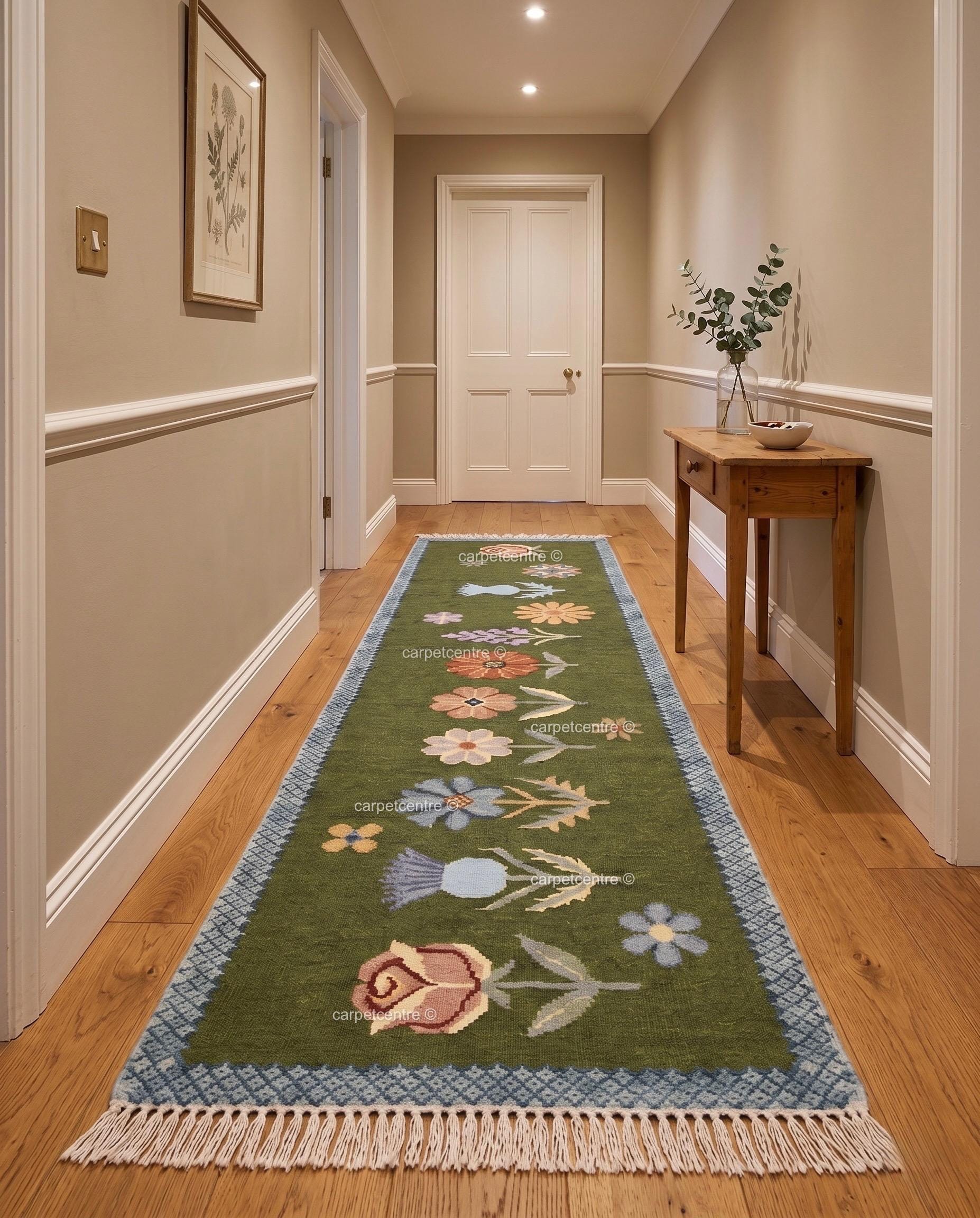 Handmade Wool Runner Rug – Olive Green Wildflower Botanical Carpet (Custom Sizes)