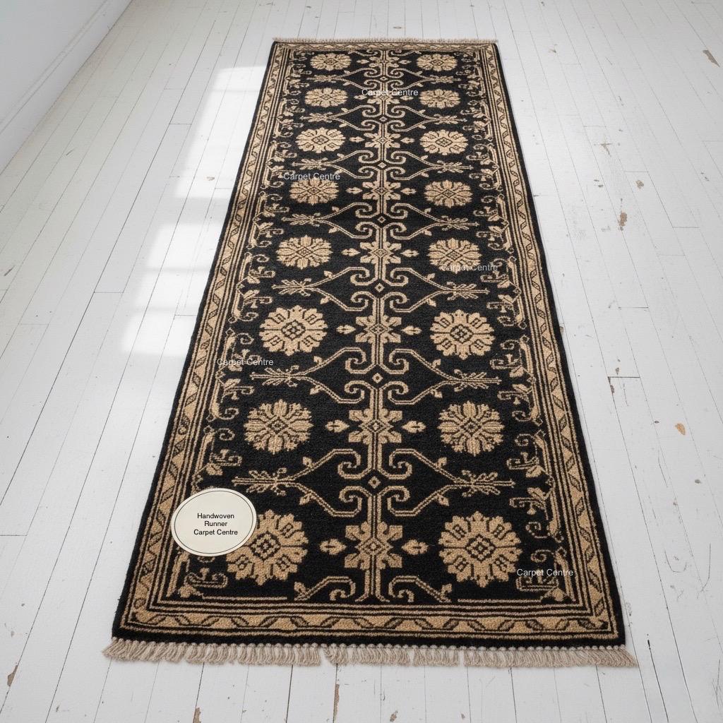 Hand-Knotted Wool Runner Rug, Black and Beige Floral Lattice, Oushak Quality