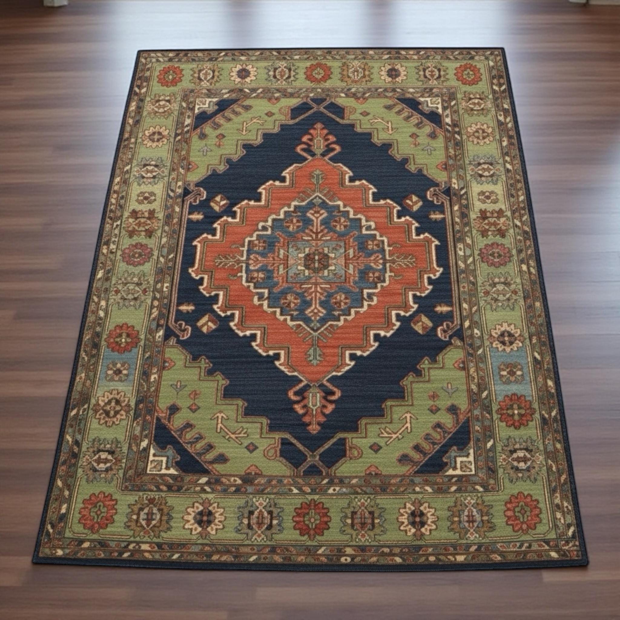 Hand-Knotted Oushak Wool Rug | Navy Blue Sage Green Geometric Medallion Living Room 8x10 9x12