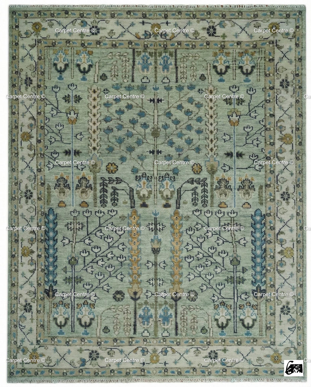 Hand Knotted Wool Oushak Rug – Sage Green Tree of Life Area Rug
