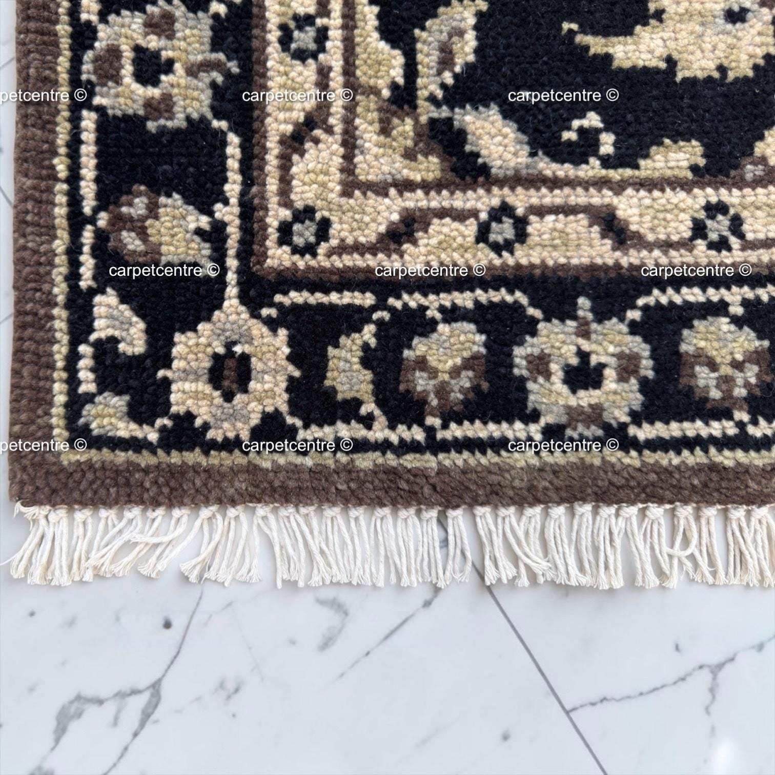 Handmade Oushak Wool Runner Rug, Black and Gold Floral Design Hallway Entryway Runner