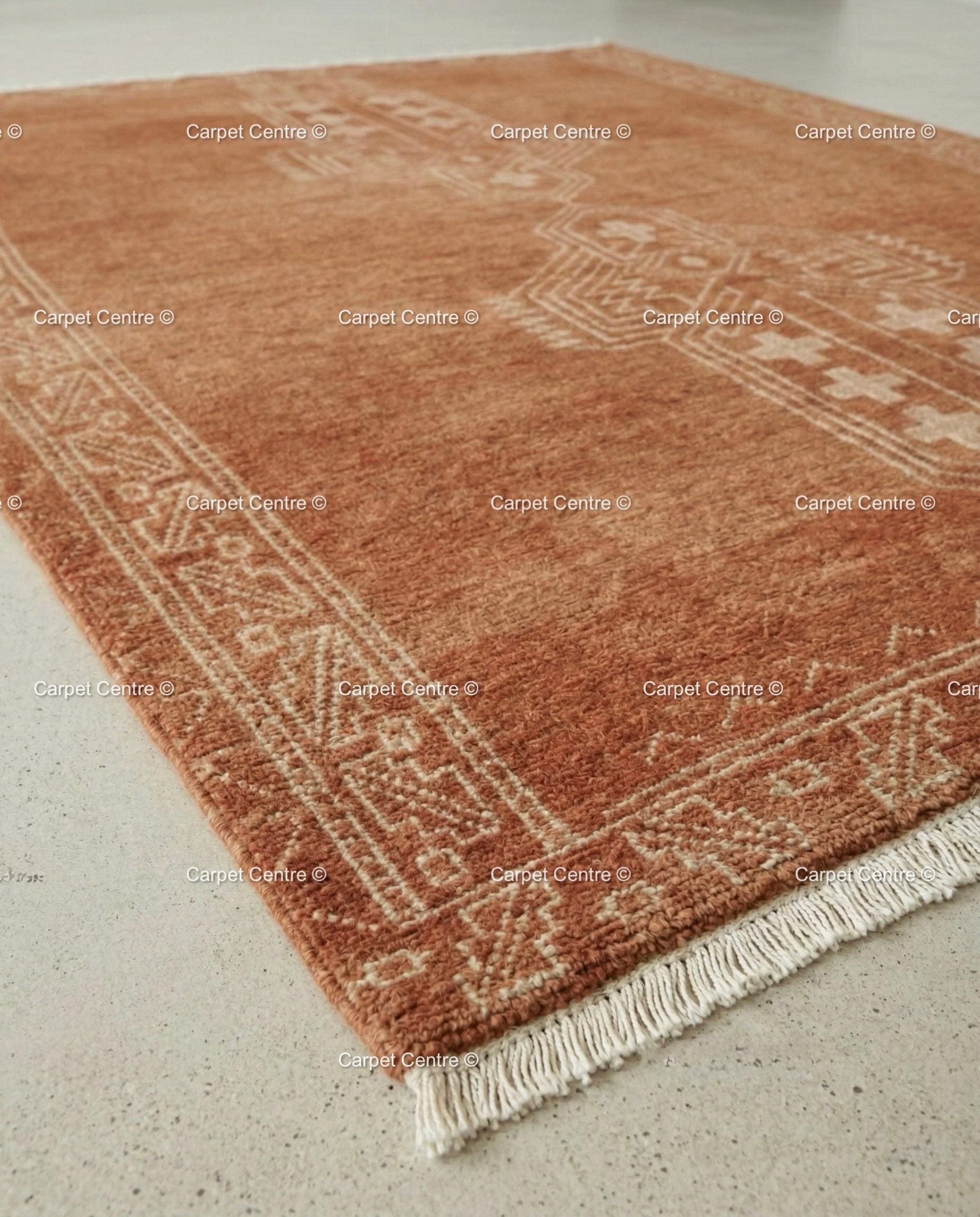 Burnt Orange Oushak Rug, Rust Cream Geometric Turkish Carpet, Boho Living Room 8x10 9x12