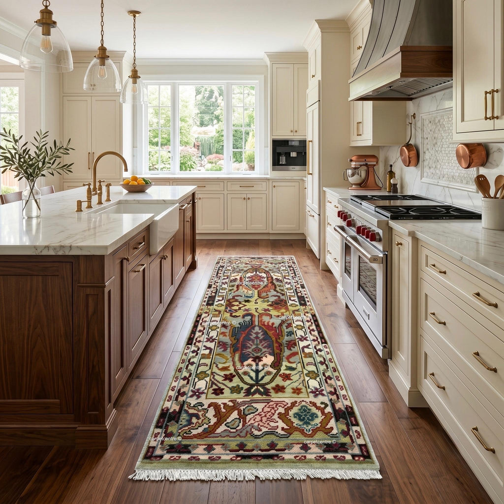 Unique Hand Knotted Oushak Runner Rug, Chinoiserie Botanical Wool Hallway-Entryway-Bathroom, Turkish Knot Kitchen Runner
