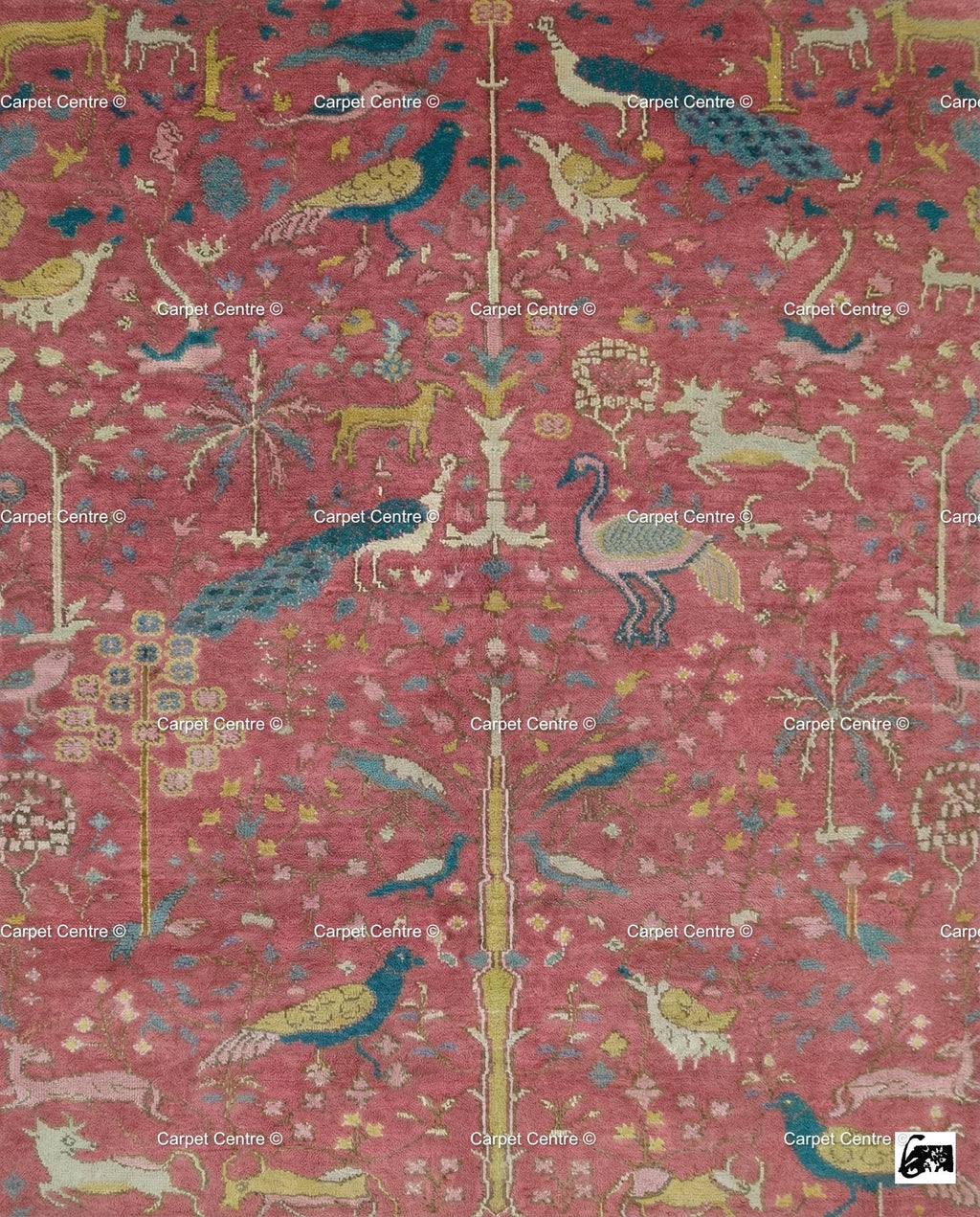 Pink Oushak Rug, Hand Knotted Wool Tree of Life Animal Rug
