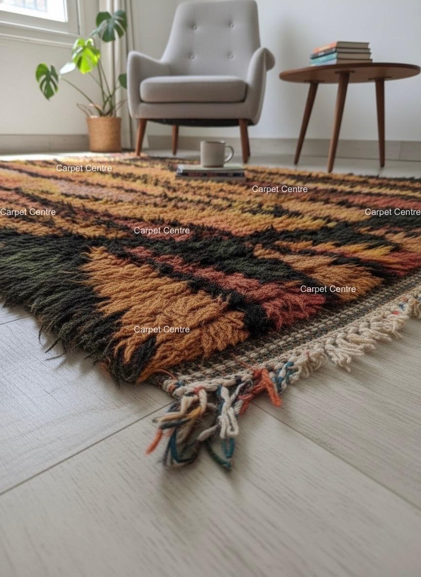 Handmade Moroccan Shag Rug, Rust Orange Wool Tulu Rug, Geometric Boho Decor