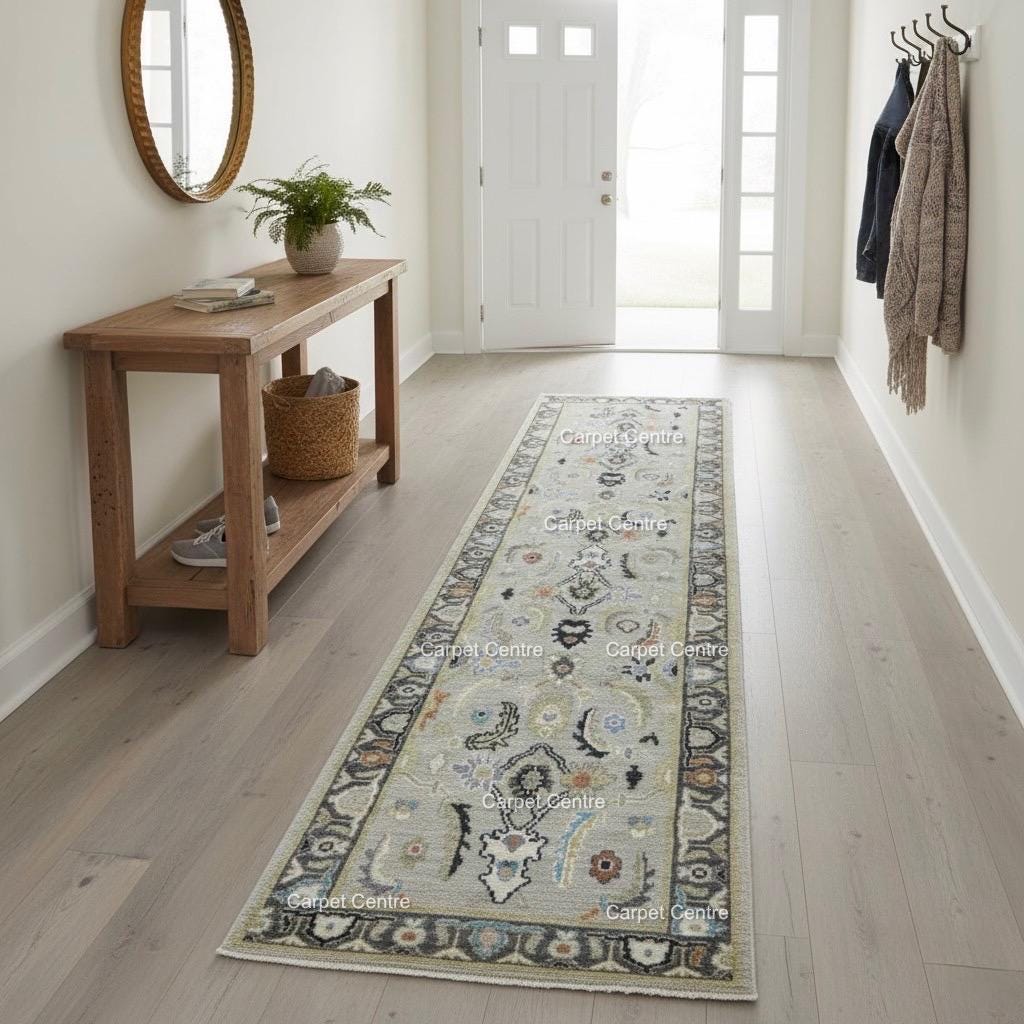 Hand-Knotted Oushak Wool Runner Rug: Neutral Sage Green Medallion Design