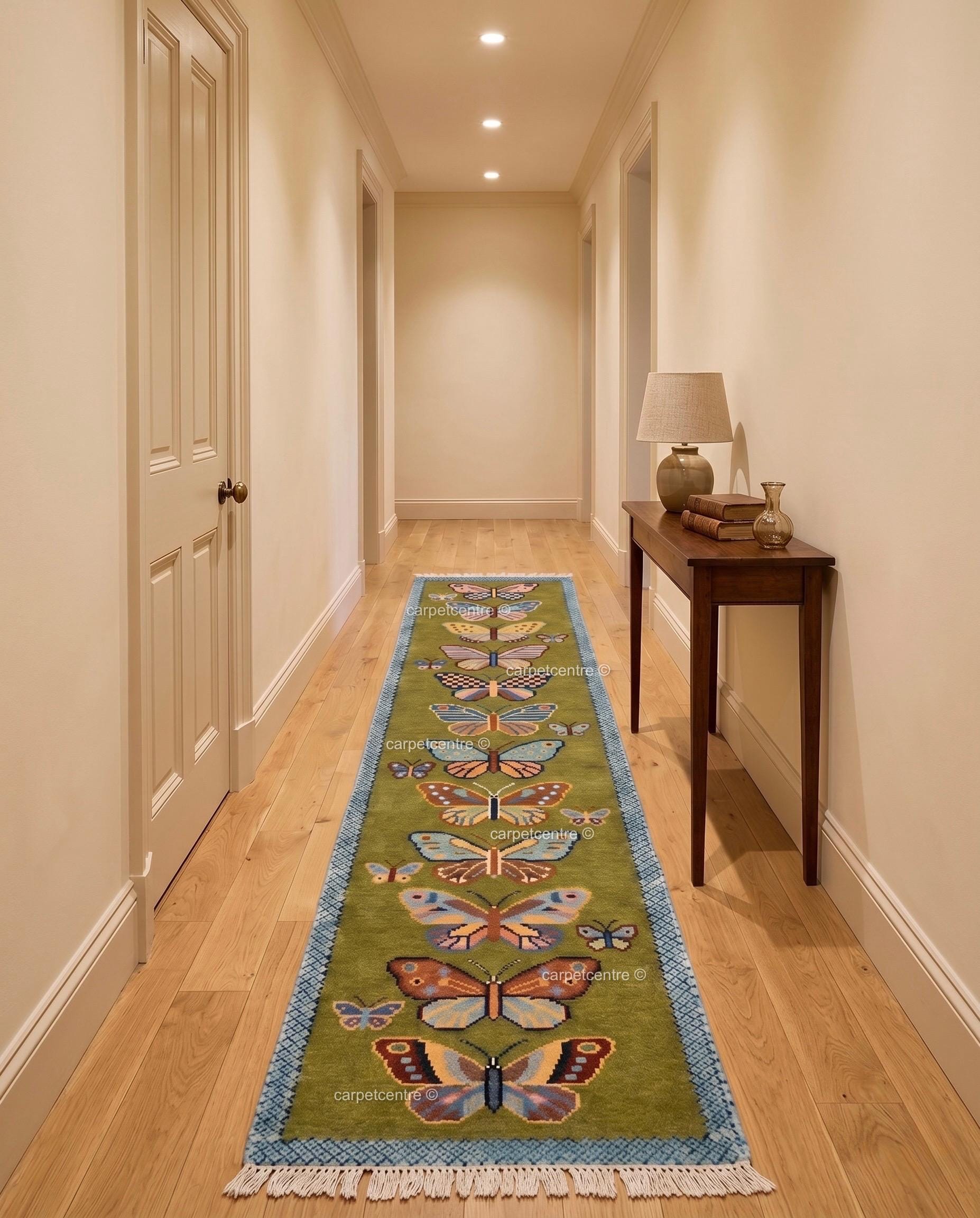 Handmade Wool Butterfly Runner Rug – Olive Green Insect Motif Carpet