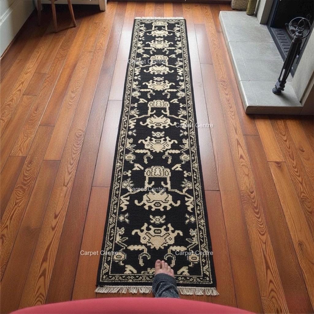Handmade Wool Oushak Runner Rug, Black & Cream Geometric Entryway