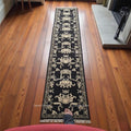 Handmade Wool Oushak Runner Rug, Black & Cream Geometric Entryway
