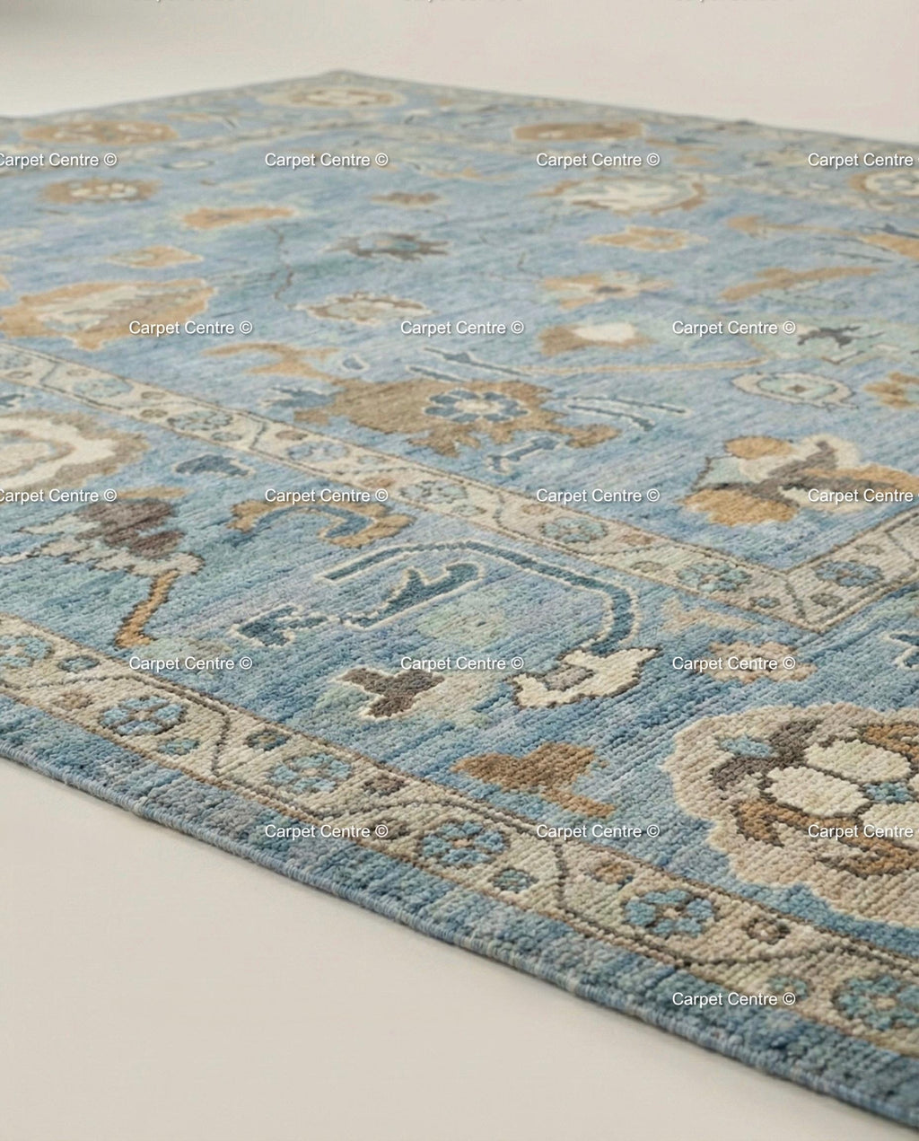 Sky Blue Wool Rug, Hand-Knotted Turkish Oushak, Floral Design