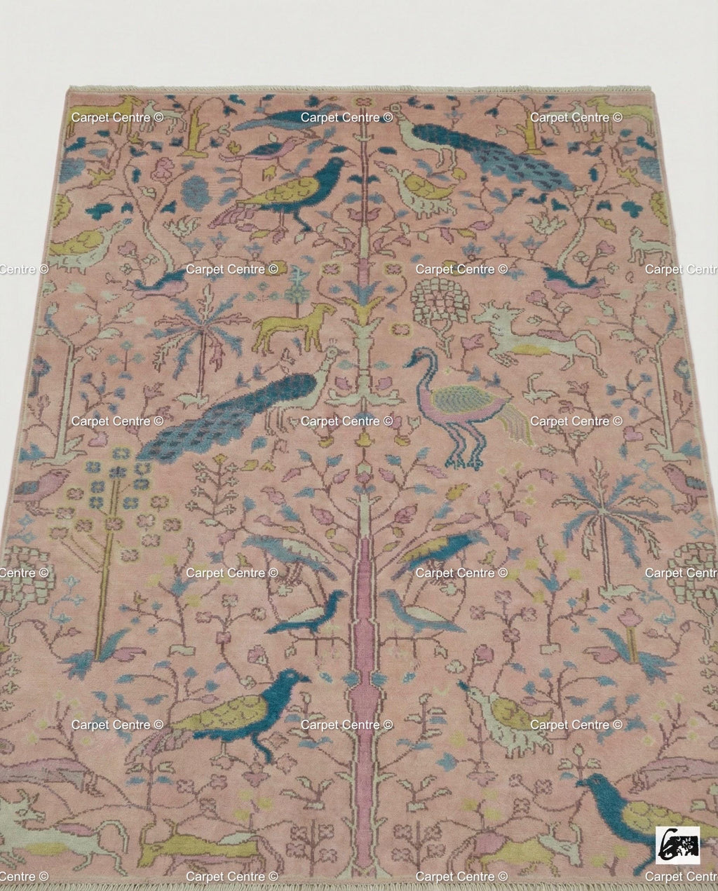 Blush Pink Wool Oushak Rug, Hand-Knotted Tree of Life Animal Nursery Rug