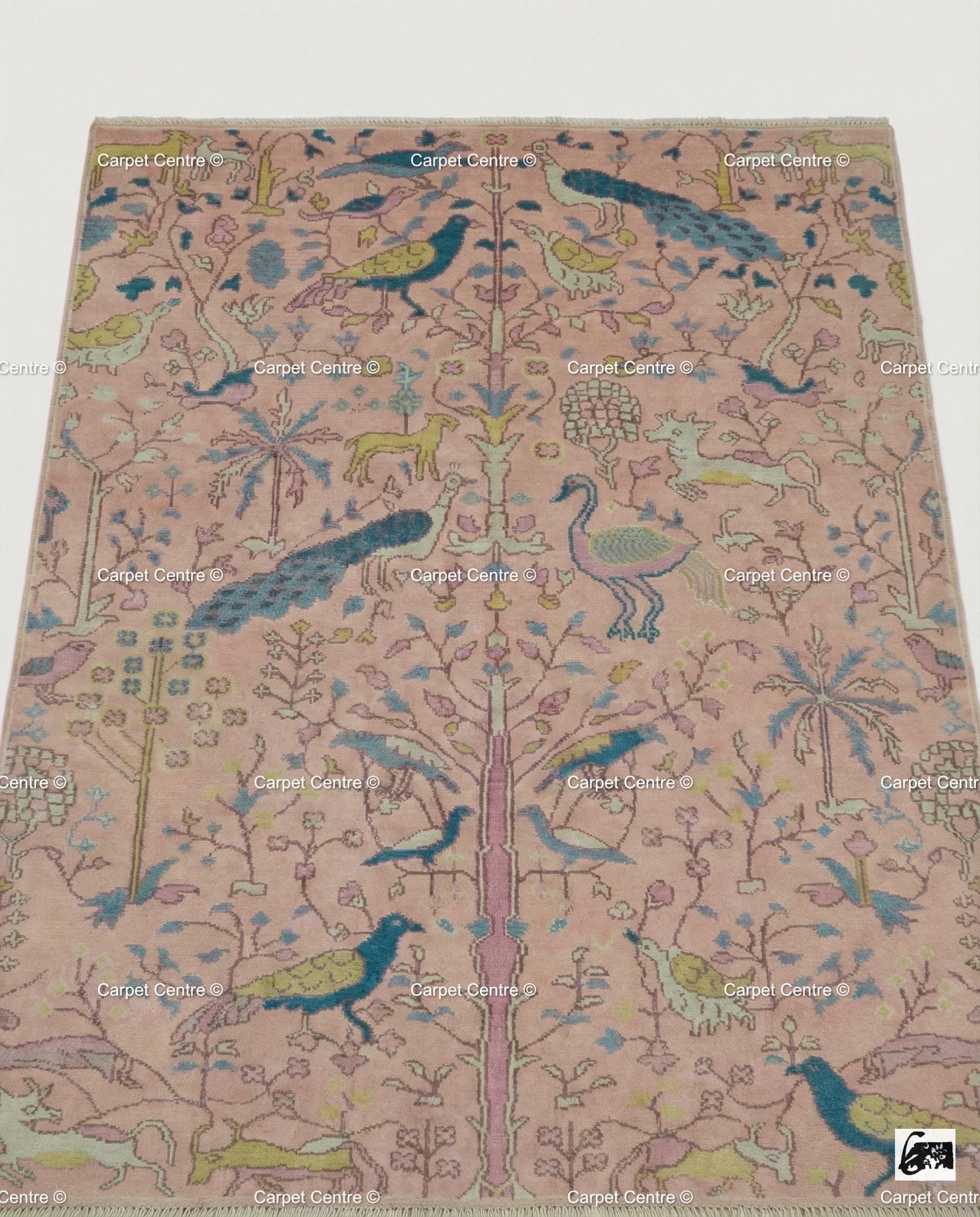 Blush Pink Wool Oushak Rug, Hand-Knotted Tree of Life Animal Nursery Rug