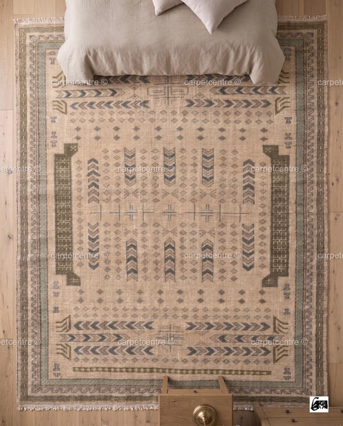 Beige Sage Green Oushak Rug | Vintage Turkish Geometric Tribal Carpet | Boho Farmhouse Decor