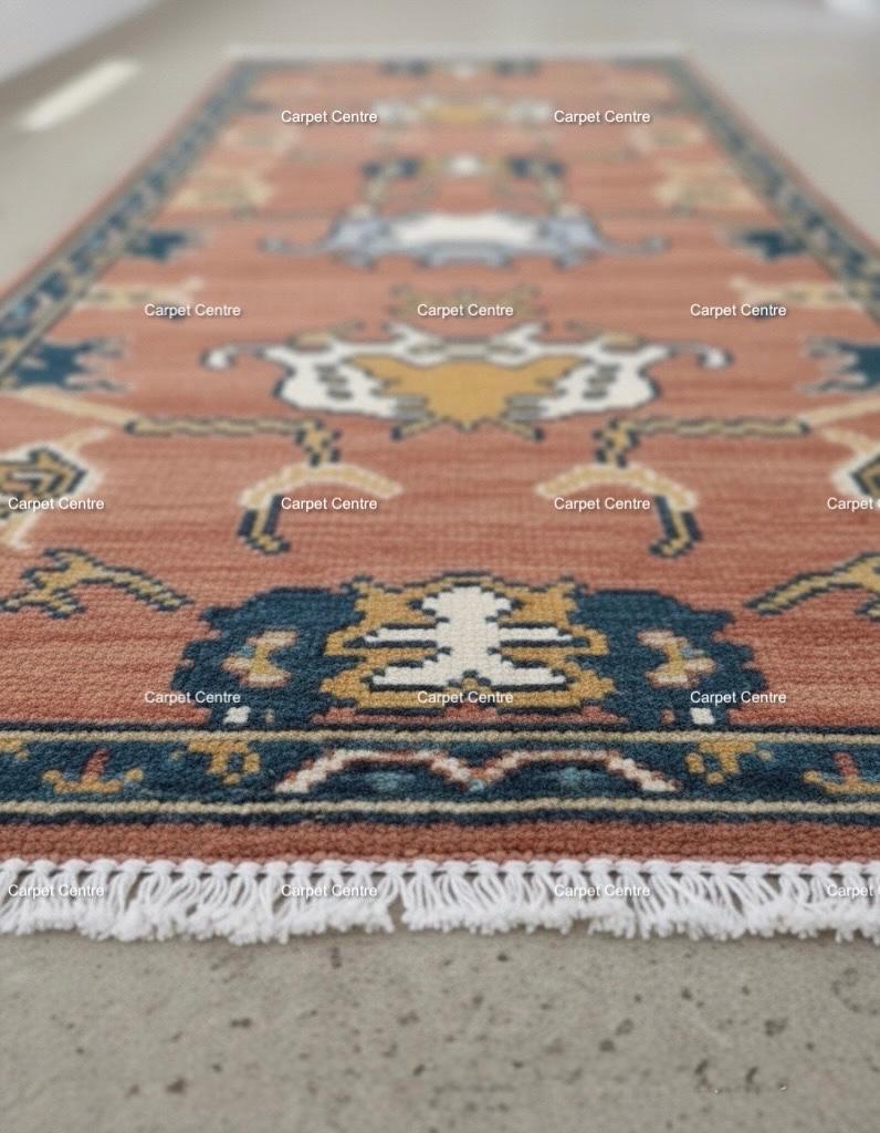 Hand-Knotted Wool Runner Rug, Terracotta Oushak Style, Teal Border