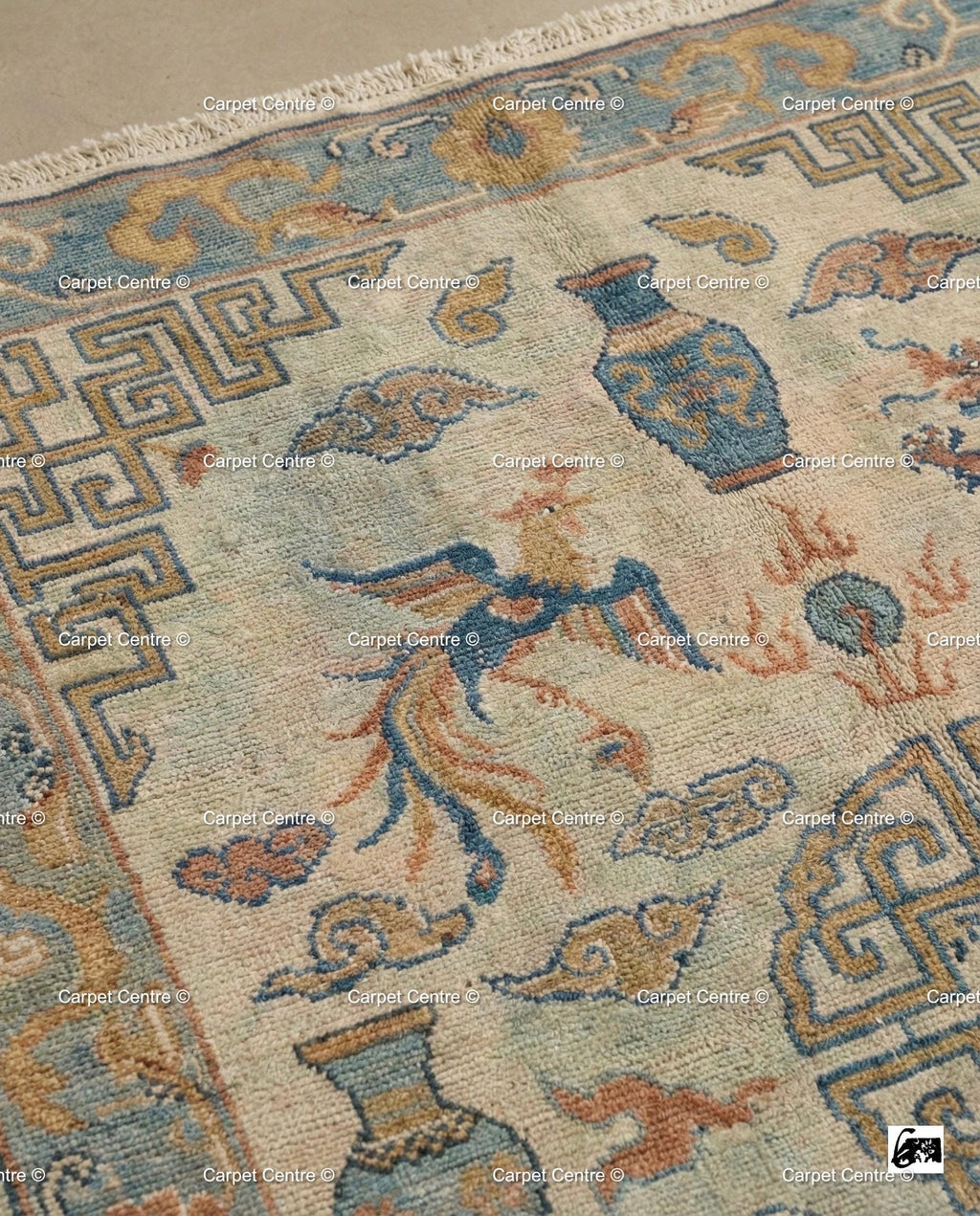 Hand Knotted Wool Rug, Beige Chinoiserie Dragon Phoenix Motif