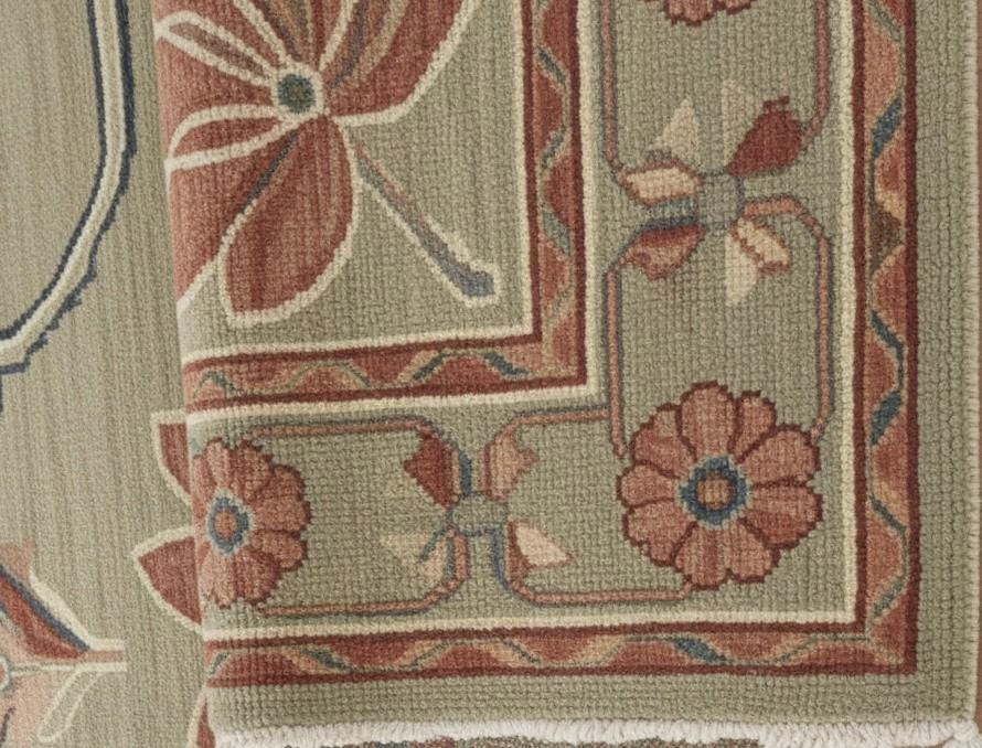 Handwoven Oushak Wool Rug: Sage Green Rust Floral
