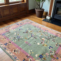 Hand Knotted Oushak Wool Rug, Chinoiserie Floral Oriental Carpet, Pastel Living Room Bedroom