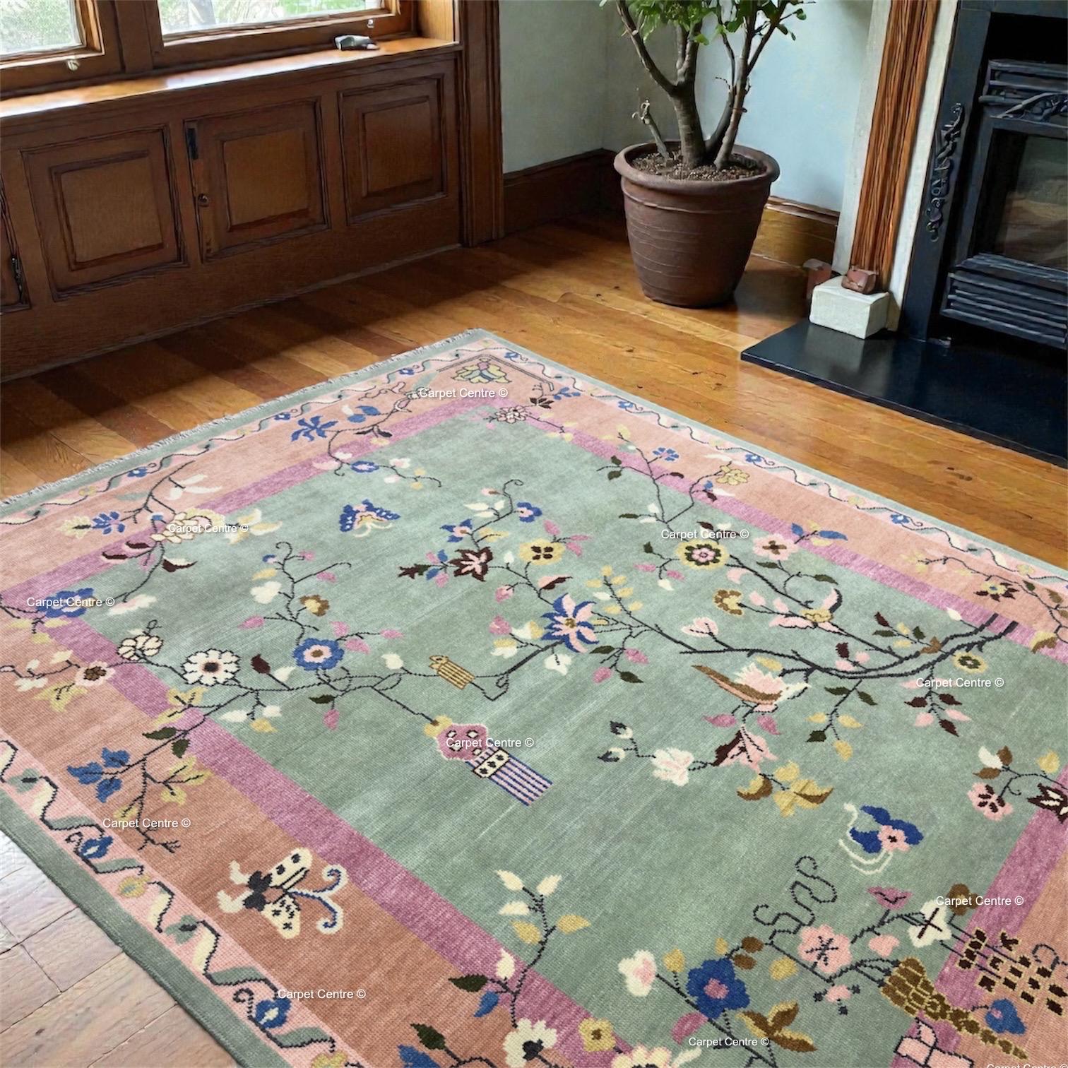 Hand Knotted Oushak Wool Rug, Chinoiserie Floral Oriental Carpet, Pastel Living Room Bedroom